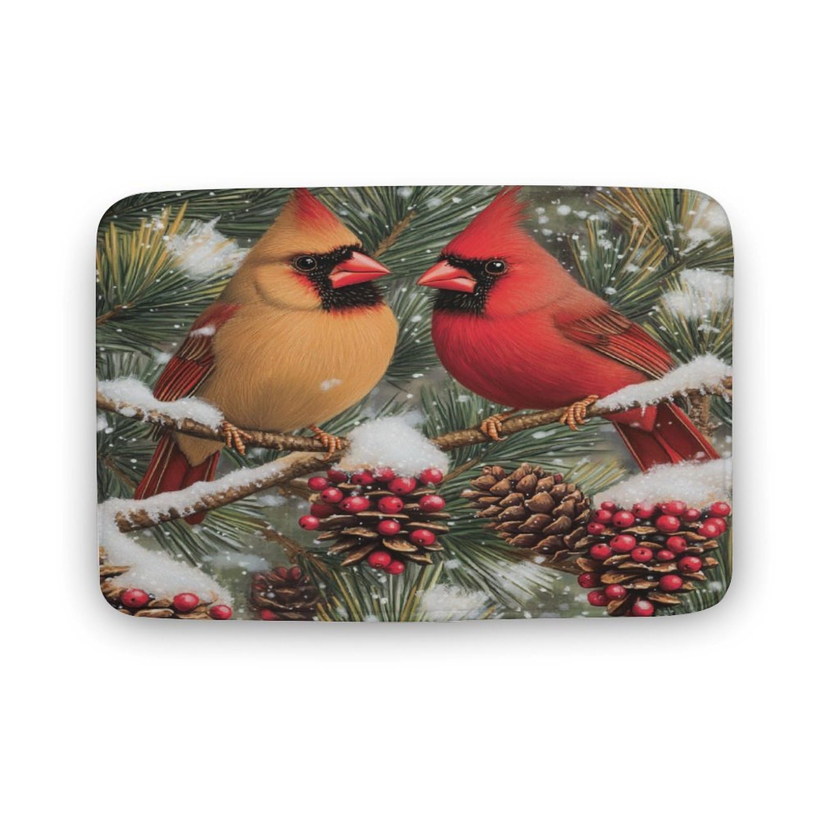 Cardinal Bird with Pine Twigs Berry Bathroom Rugs Xmas Holiday Plush Bathroom Decor Rug Bath Floor Carpet Absorbent Foam with Rubber Backing Absorbent