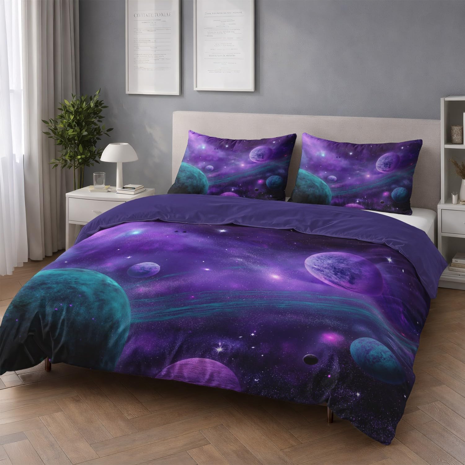 Générique Fioletowa Marzycielska poszwa na kołdrę, tajemniczy wszechświat kosmiczny zestaw pościeli 220 x 240 cm z zamkiem błyskawicznym 2 poszewki na poduszki 65x65cm Miękka oddychająca mikrofibra