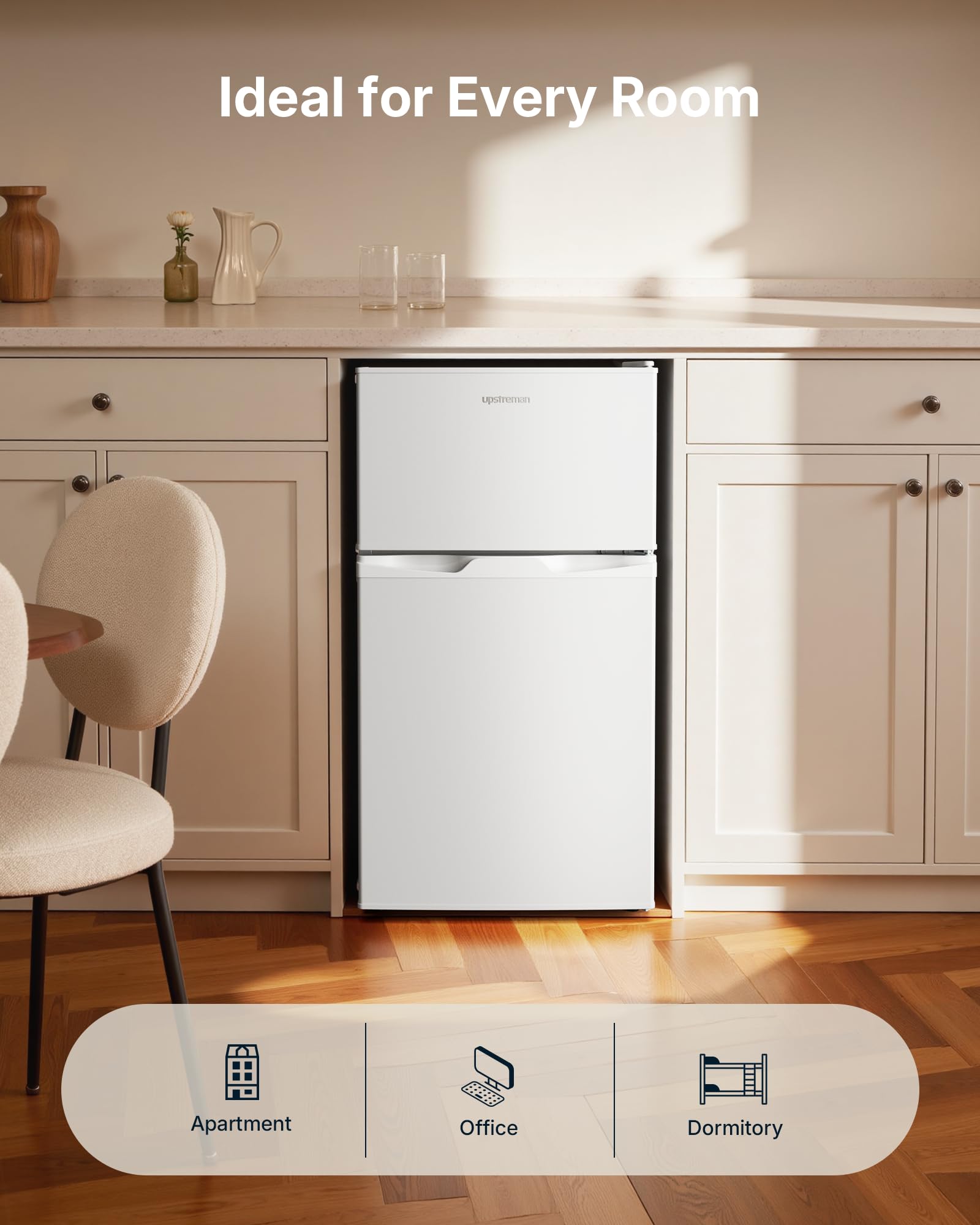 Upstreman 84L Under Counter Fridge Freezer, Small Refrigerator with Freezer, 39dB Quiet & LED Lighting, Freestanding Fridge with Reversible Doors, TM84 White — view 9