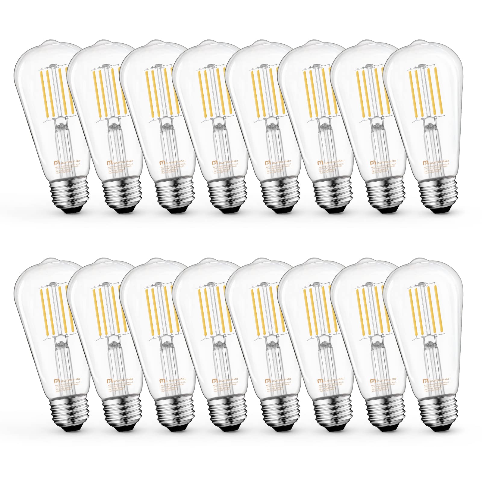 MASTERY MART 16 Pack Vintage Edison Bulbs, E26 Led Bulb 5.5W Equivalent to 60W, Dimmable, 5000K Daylight White, High Brightness Antique ST58, Clear Glass