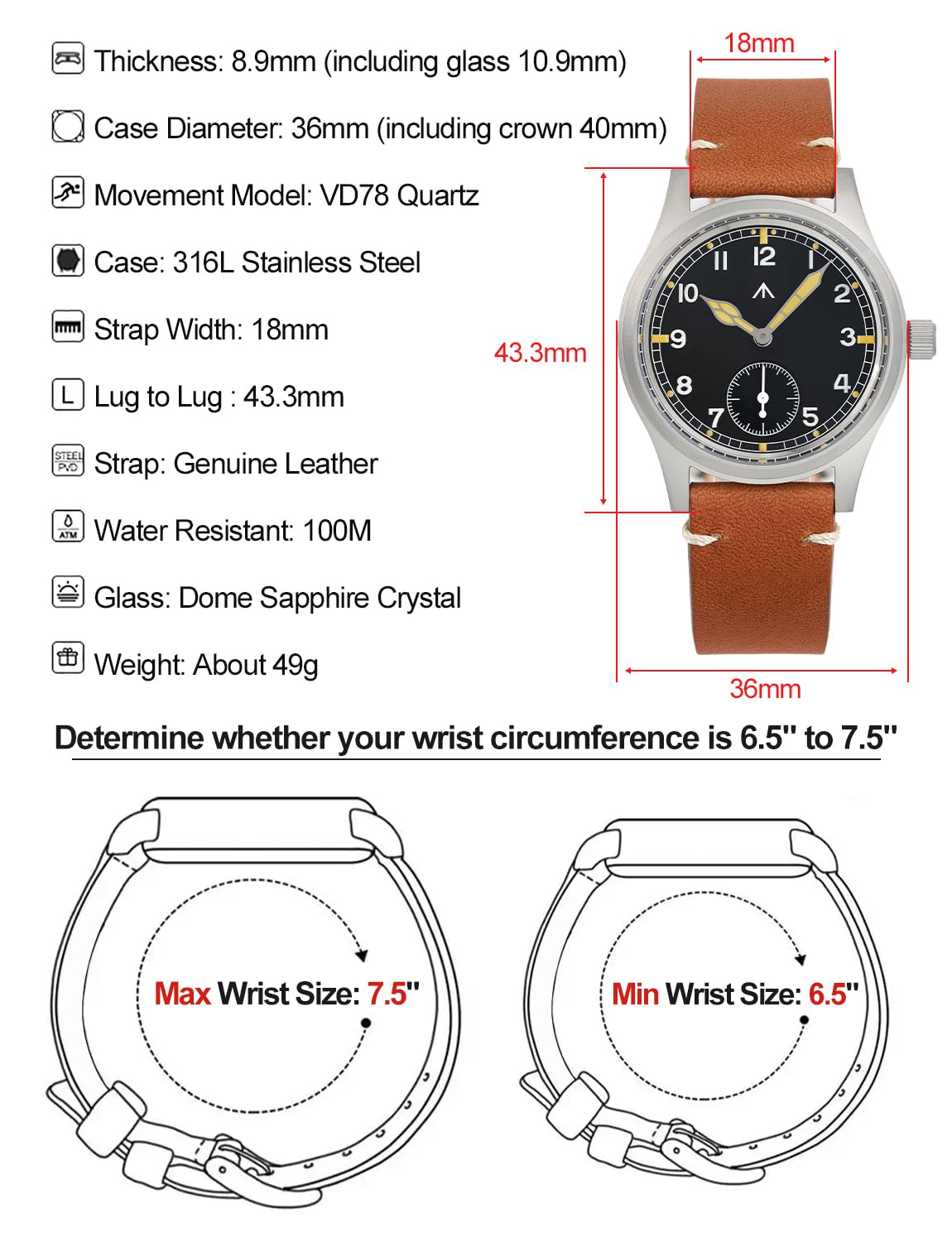 Tactical Frog Militado D12 VD78 Herren-Militäruhr, Saphirglas, Quarz, super Leuchtend, 36 mm Zifferblatt, Militär-Stil, wasserdicht bis 100 Meter