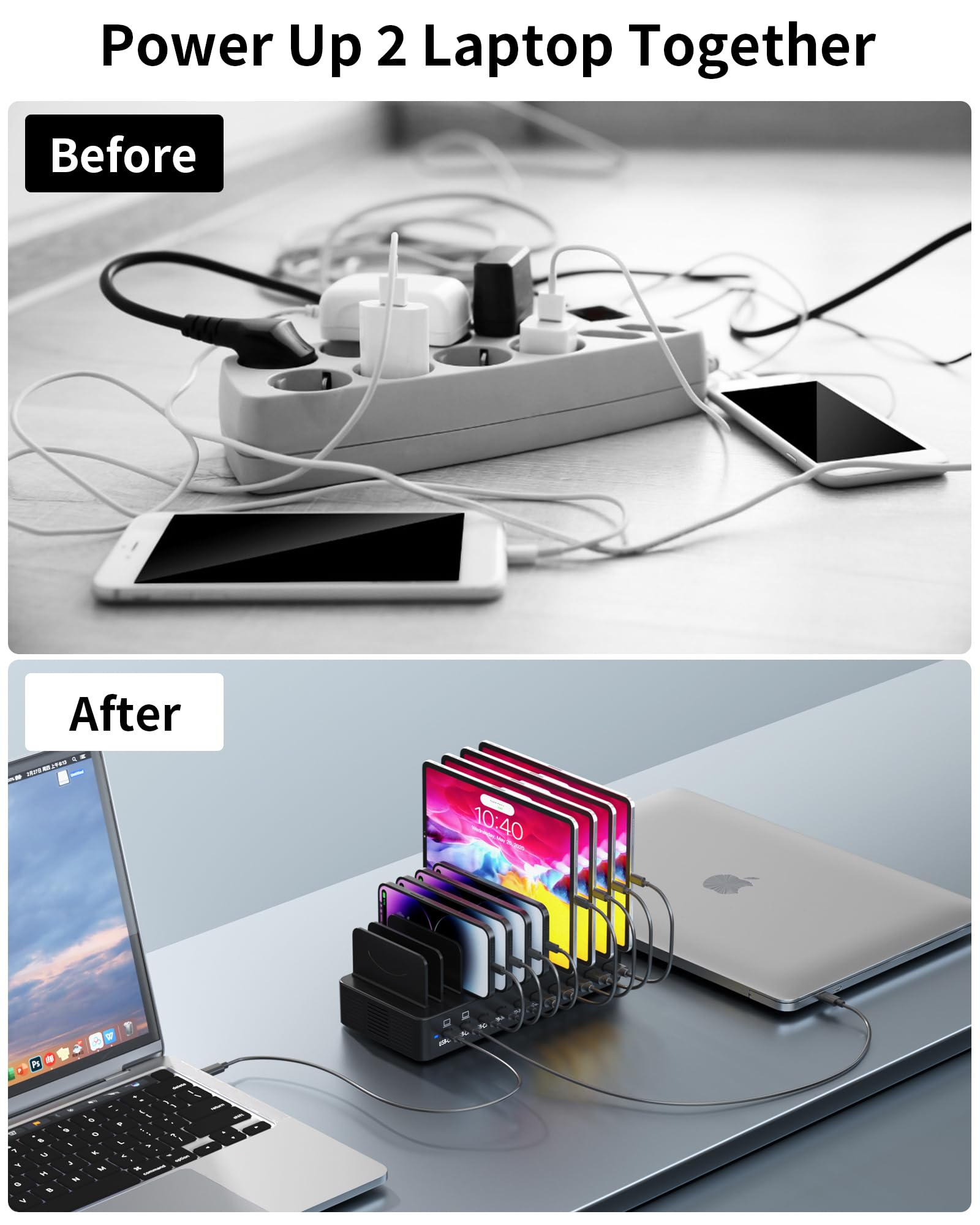 Estación de carga de 580 W para múltiples dispositivos, estación de carga rápida USB C de 10 puertos, base de carga dual PD de 100 W con separadores ajustables y 6 cables, organizador de dispositivos
