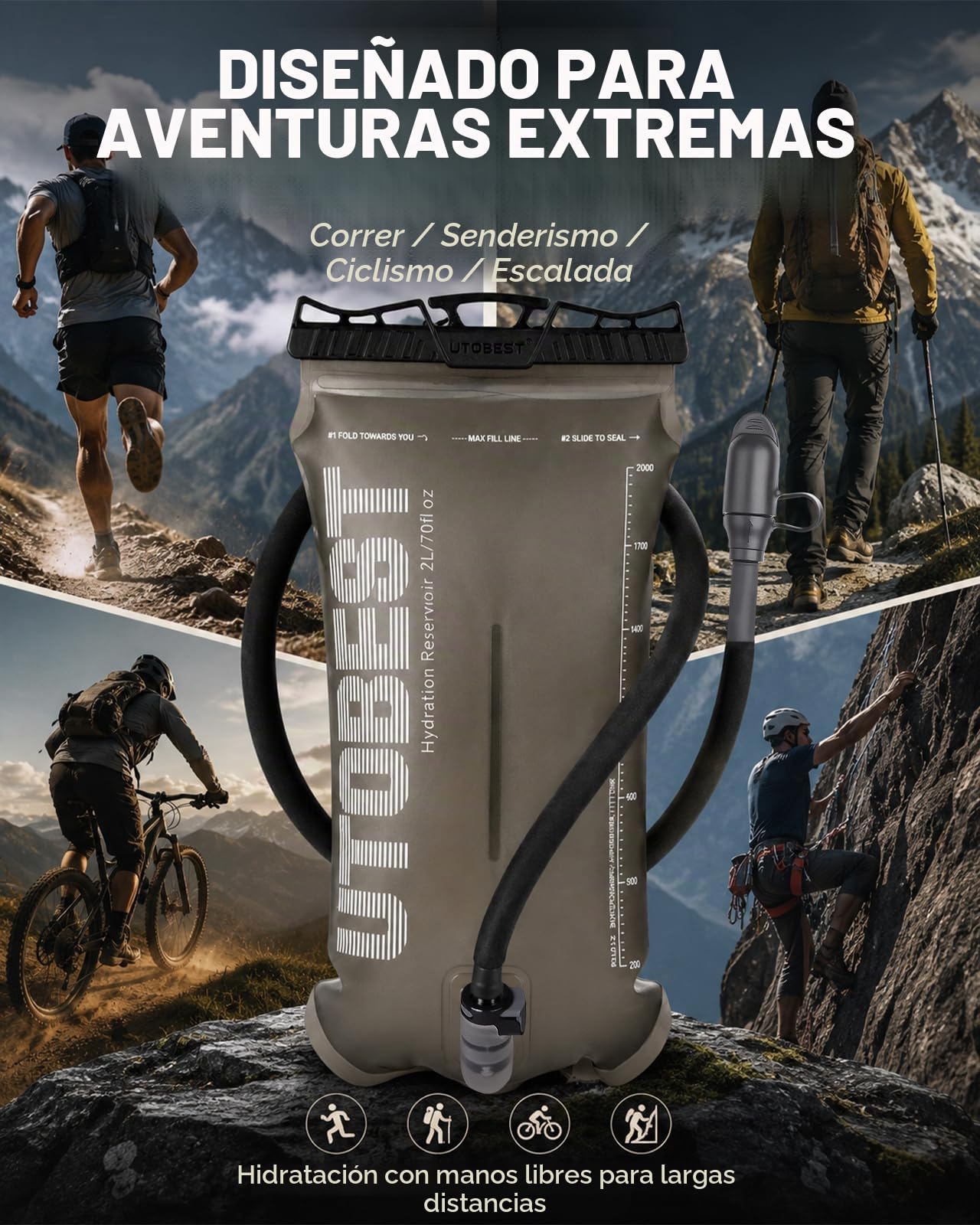 UTOBEST Vejiga de hidratación, Bolsa de Agua de 1,5 l, 2 L, 3 l, Bolsa de Agua Corporal de TPU, sin BPA, depósito de Agua a Prueba de Fugas para mochileros, Correr, Ciclismo