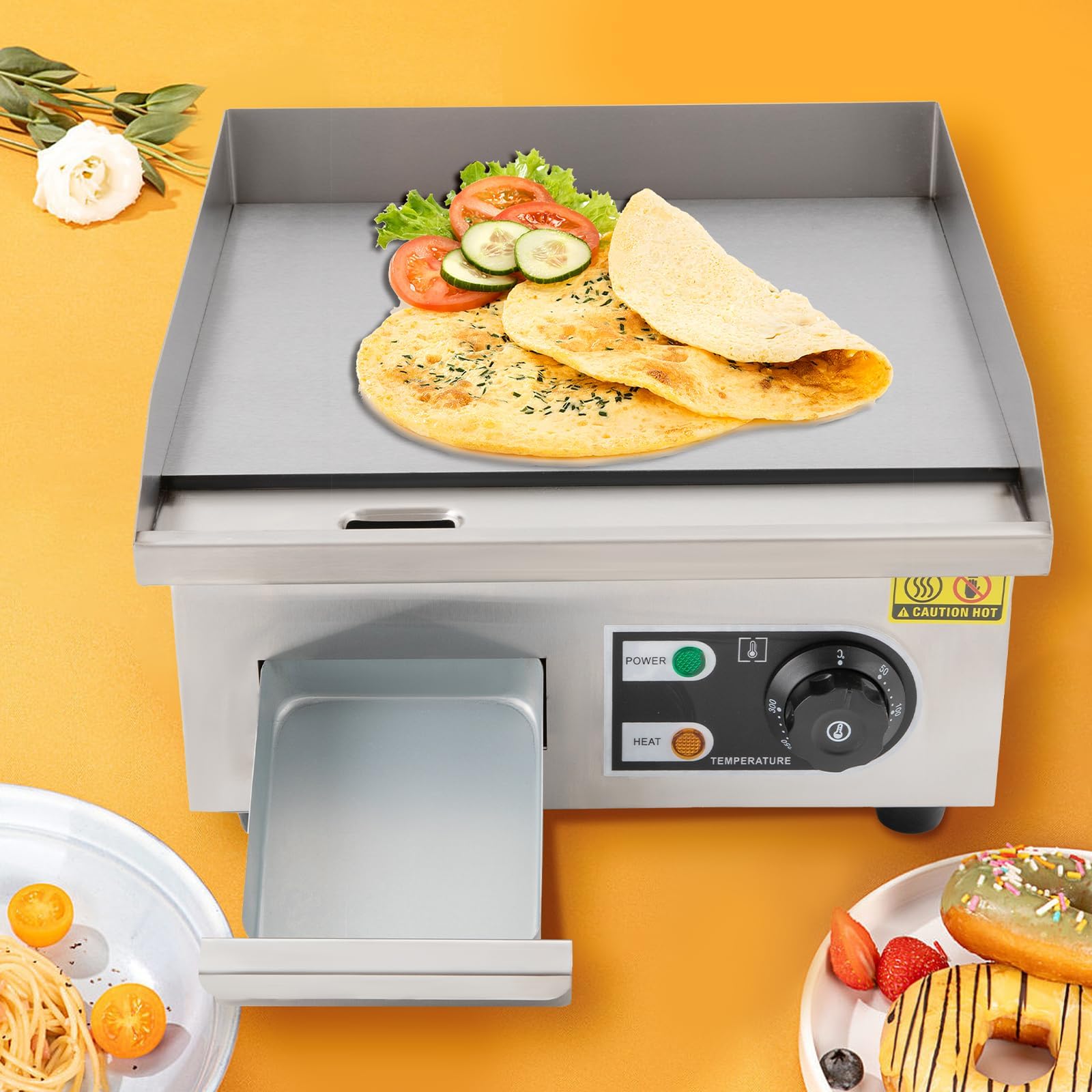 Griglia Elettrica Commerciale, Piastra Piana Da Banco 1500W Con Temperatura Regolabile 50-300℃ E Superficie Antiaderente, Griglia In Acciaio Inox Per Cucina Attività E Catering