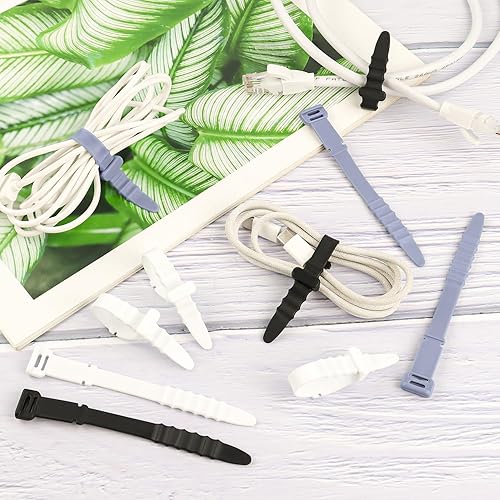 Miniatura 4 de 30 bridas de silicona para cables de goma de 4.5 pulgadas, reutilizables, organizador de cables elásticos para gestión de cables (gris, blanco,