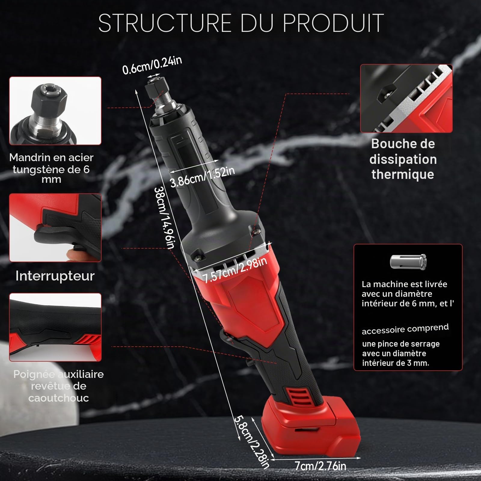 Meuleuse droite sans fil compatible avec batterie Milwaukee 18 V, 24 000 tr/min sans balais avec perceuse de 6 mm pour meulage, polissage, ébavurage (outil uniquement)