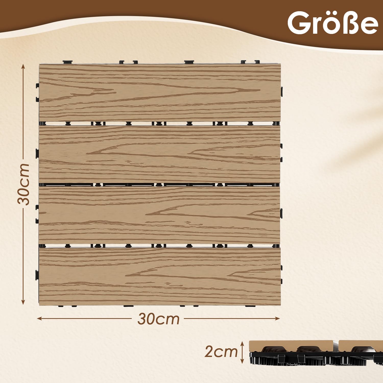 Piastrelle per terrazze in WPC, 30 x 30 cm, 22 pezzi, per balconi da 2 m², resistenti alle intemperie, sistema a clic, impermeabili, per terrazze, esterni, teak