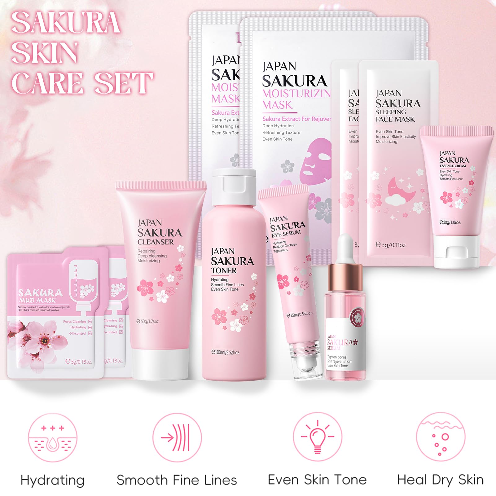 Kit per la Cura della Pelle Sakura 11 Pezzi, include Detergente, Tonico, Crema Viso, Siero e Crema per Gli Occhi, Set Skincare Viso Completo per Ragazze e Donne
