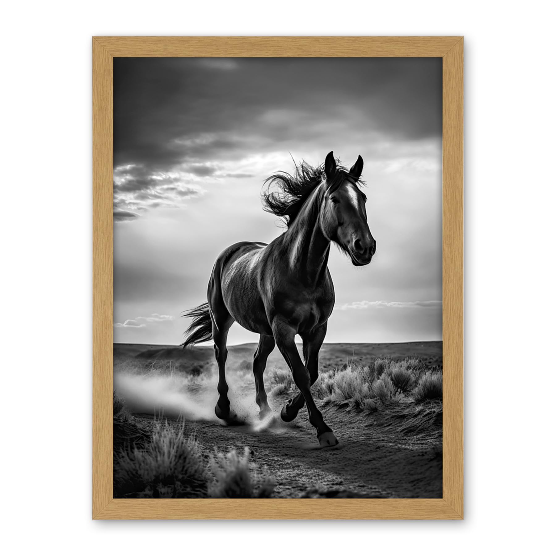 Artery8 Horse Galloping Desert Landscape Black and White Artwork Framed Wall Art Print 18X24 Inch