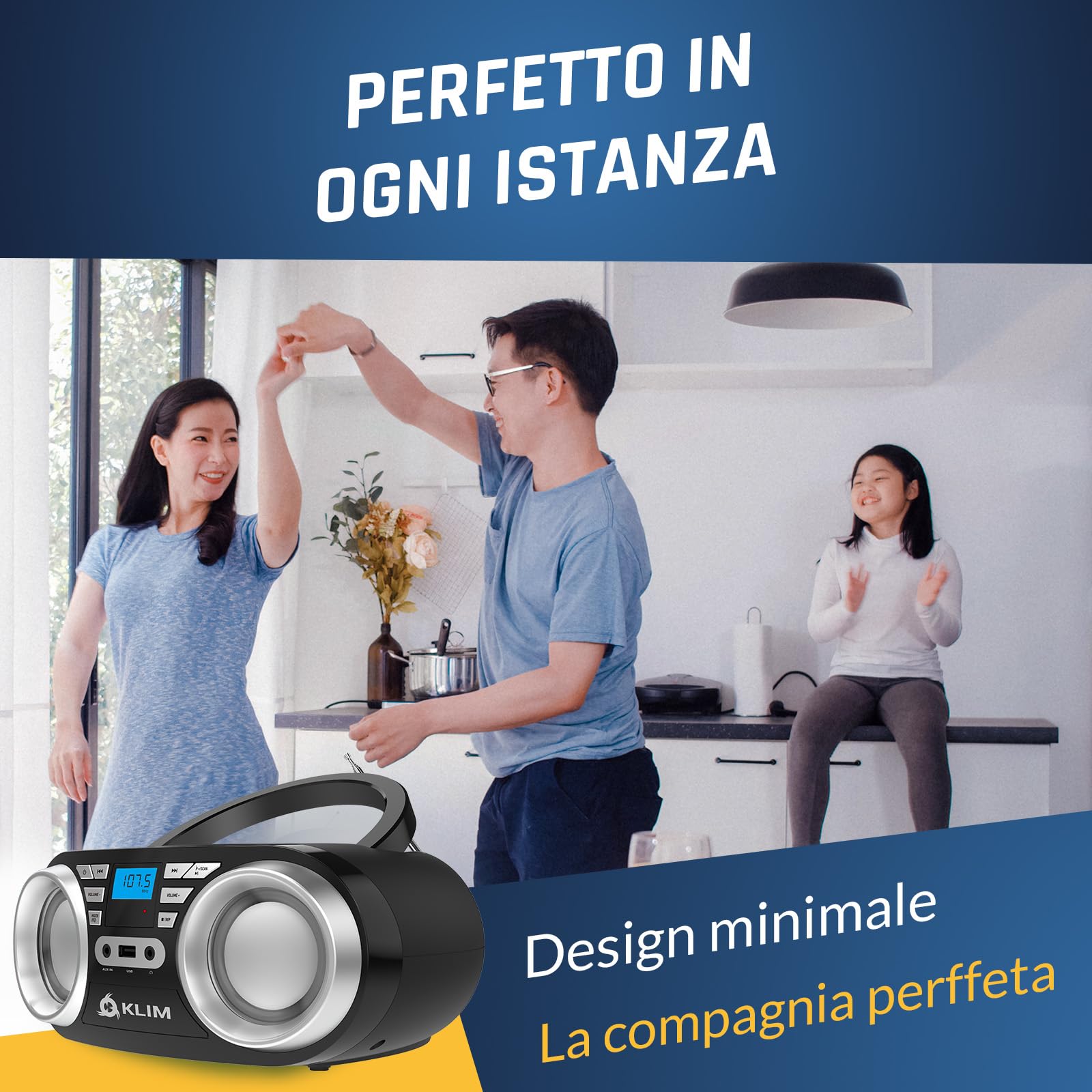 KLIM B3 Lettore CD Portatile Boombox Con Radio FM, Bluetooth, USB e AUX - Doppi Altoparlanti di Alta Qualità, Effetti Sonori EQ, 20 Stazioni Preimpostate, Compatto e Leggero