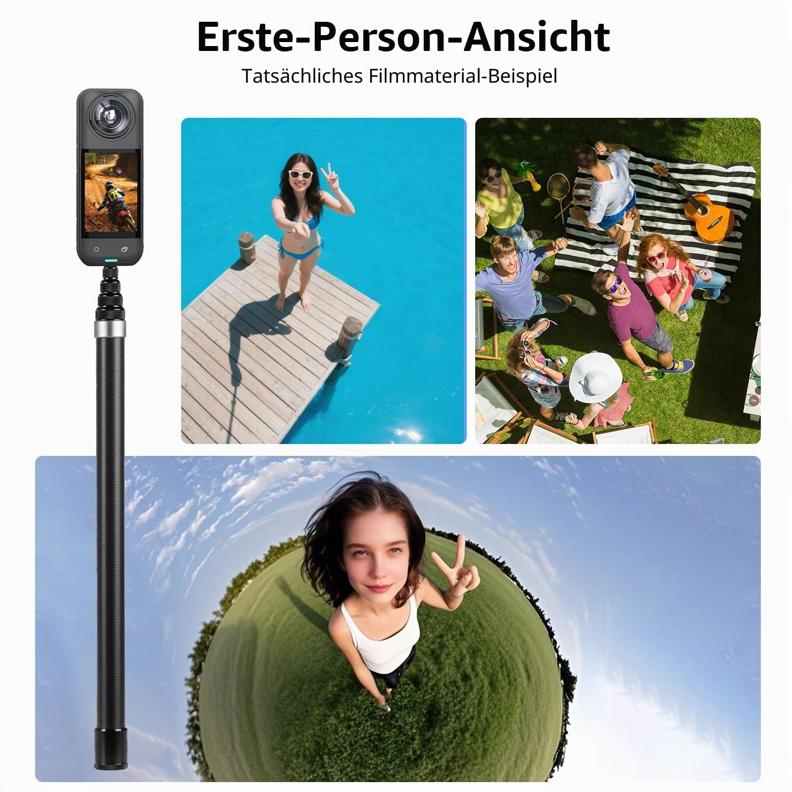 BRDRC 3m Selfie Stick Kohlefaser Selfiestange Unsichtbar Ultralang für Insta360 ONE X5, X4, X3, X2, RS - Kompatibel mit DJI OSMO Action - inkl. Go Pro Adapter & Aufbewahrungstasche