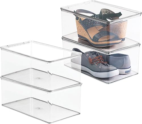 mDesign Caja apilable de plástico con tapa de bisagra para organizar zapatos, botines, zapatos de tacón, sandalias, cuñas, zapatos planos, tacones,