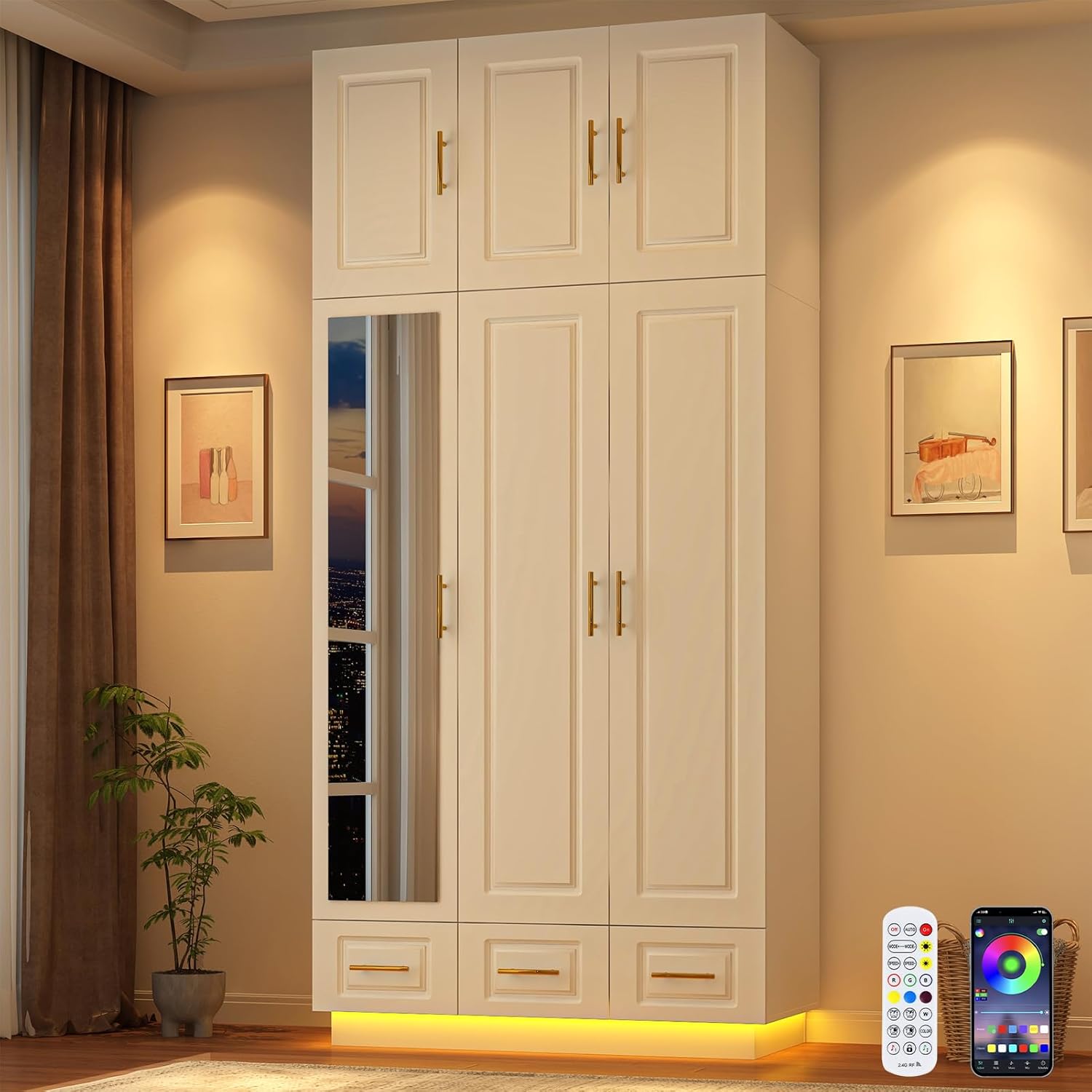 Hlivelood Large Armoire Wardrobe Closet Cabinet with Drawers and LED Lights, Multi-Tier Shelves, Hanging Rod, Large Capacity Storage 3 Door Wardrobe Armoire with Top Cabinet for Bedroom, White