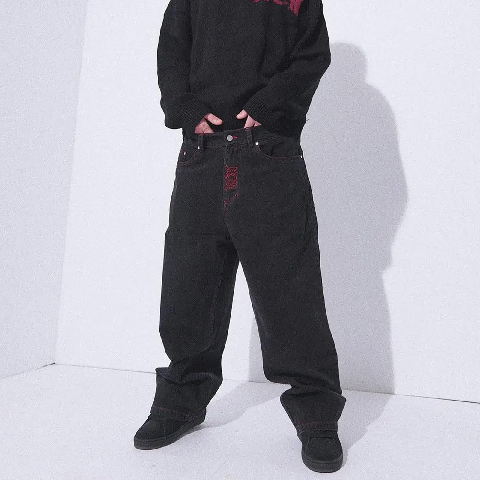 Gotyckie Jeansy Męskie, Wysokiej Jakości Dżinsy z Unikalnym Haftem Krzyża i Czaszki, Styl Vintage Y2K Baggy, Luźny Krój z Prostymi Nogawkami
