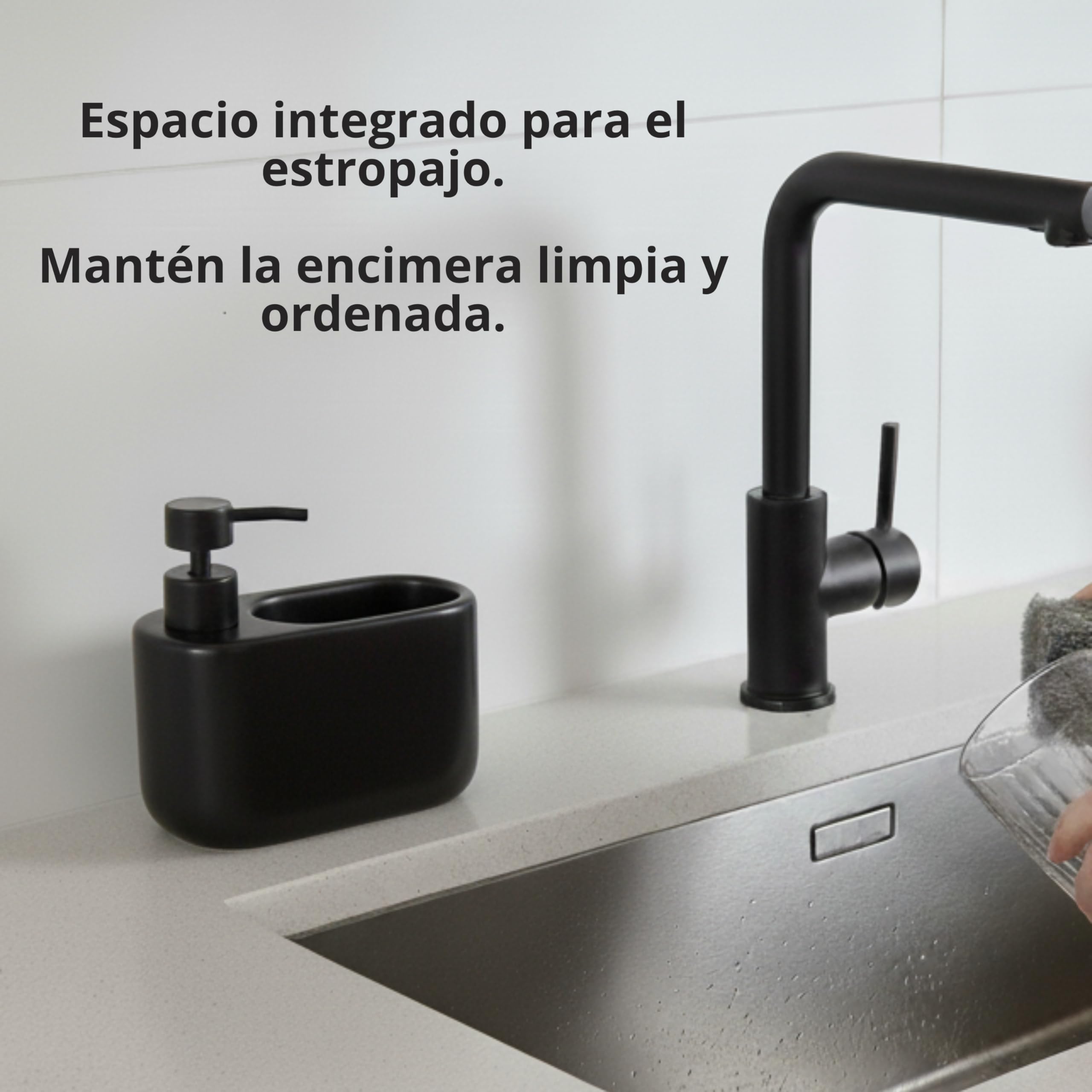 Dispensador de Jabón Cocina con Estropajero 520 ml Curve - Dosificador de Cerámica y Soporte para Esponja. Organizador de Fregadero Estrecho. 18 x 7.3 x 15 cm. - Negro Mate - 4