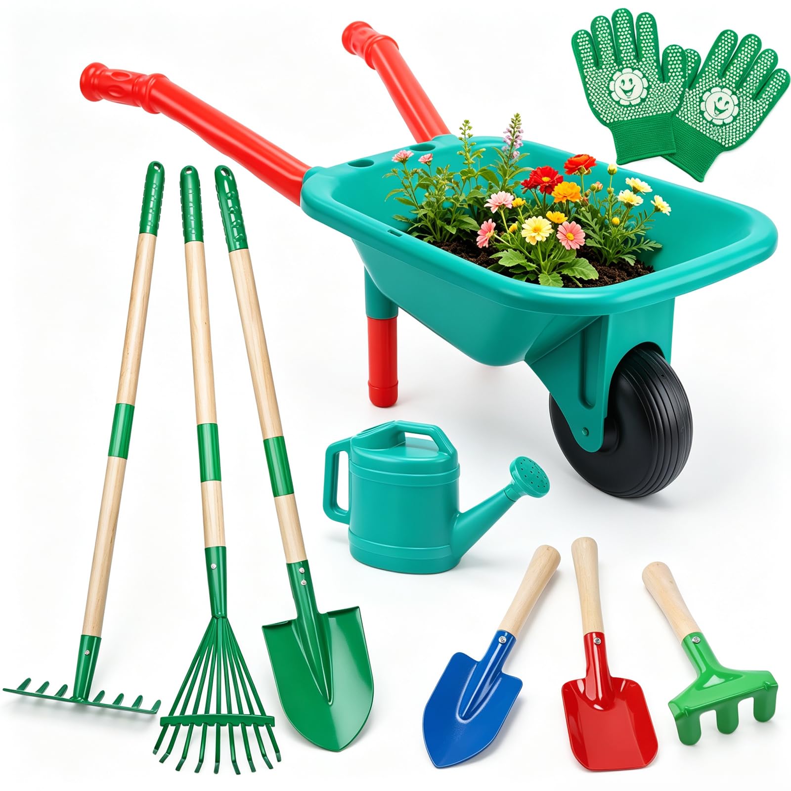 CUTE STONE Kids Gardening Set with Wheelbarrow, Kids Shovel and Rake Set