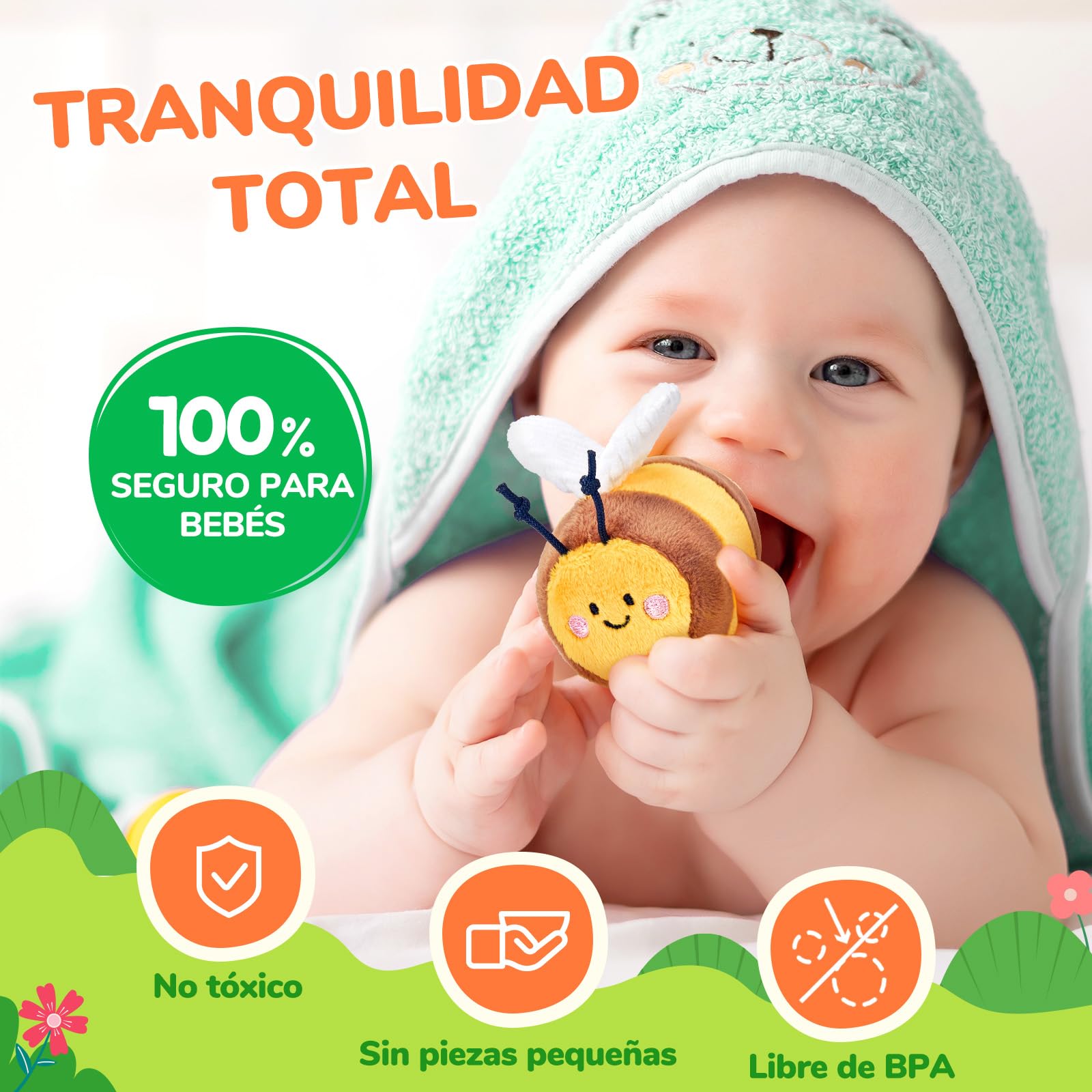 JoyCat Juguetes Bebe 6 Meses, Montessori Colmena con 5 Abejas de Peluche, Arrugas, Sonajas y Espejo, Juguetes Sensoriales Bebes 6-12 Meses, Regalo Bebe Niño Niña 1 Año