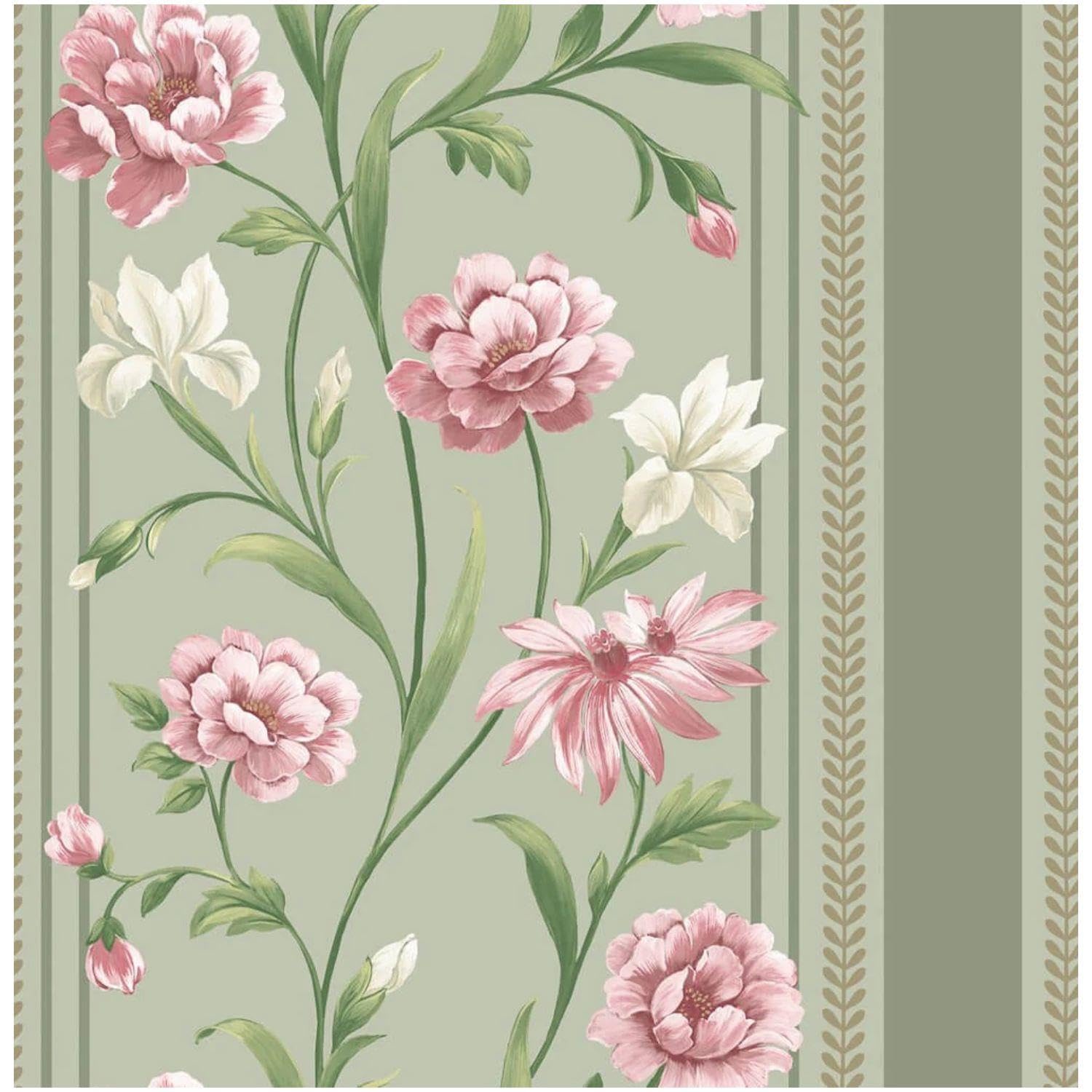 Yöl Sage Green Pink Raya Floral Stripe Wallpaper - Feature Statement Wall - 10.05M X 53Cm Roll - Contemporary Versatile Sophisticated - Washable Paste The Paper - Bedroom Lounge Living Room Wallcovering