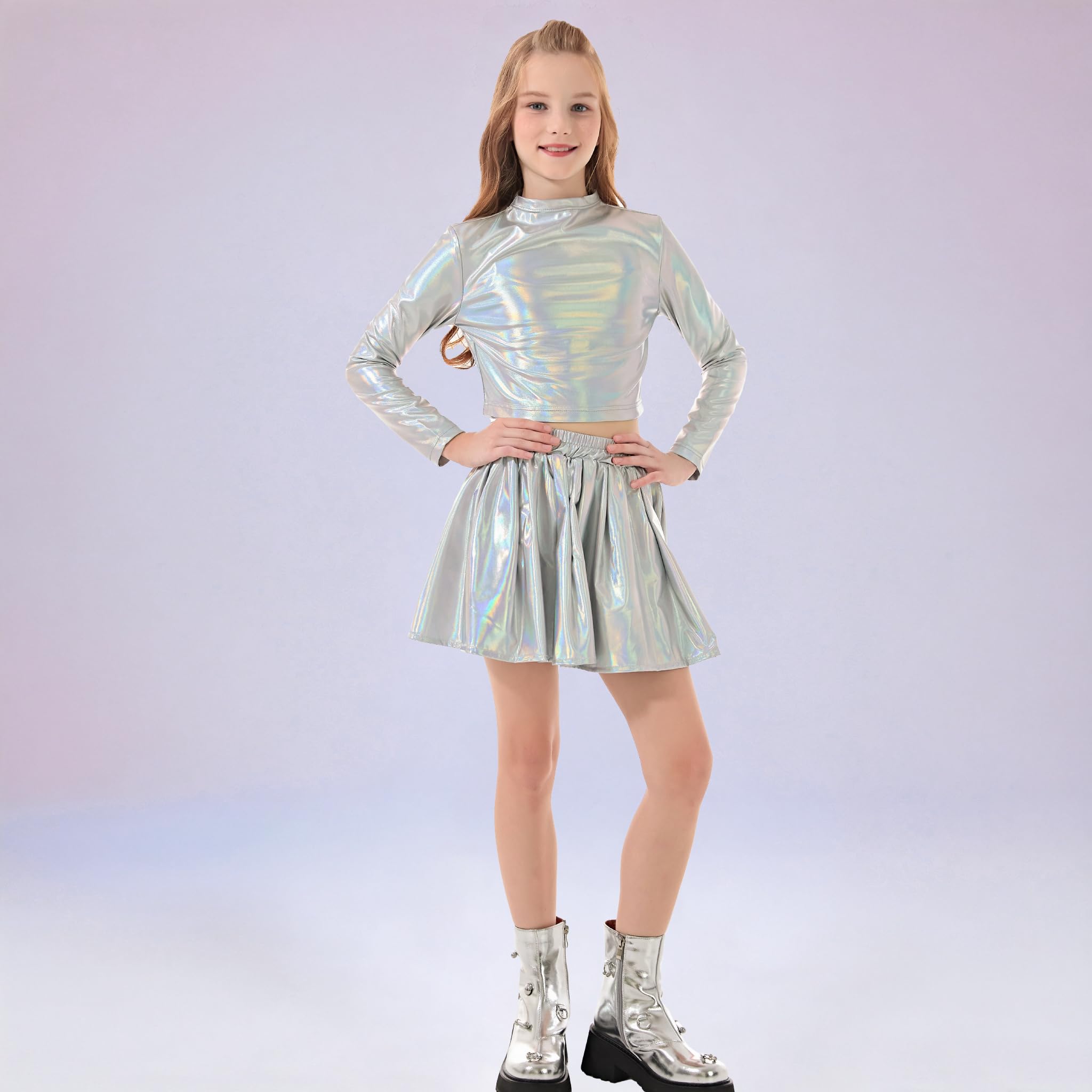 LOLANTA Metallic Cropped Top für Mädchen, halber Rollkragen, funkelndes Tanzshirt für Hip-Hop, Disco, Bühne & Party