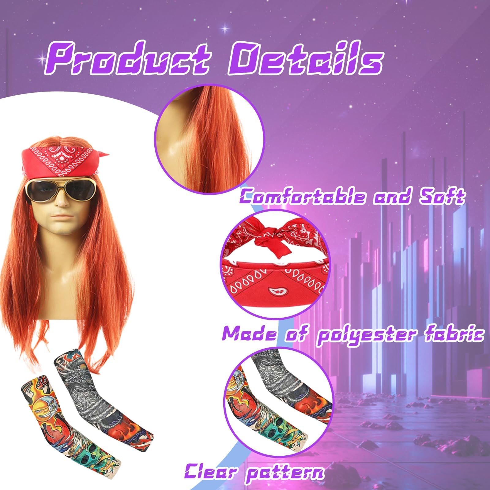 GegXcn 5 Pcs Rockstar Costume, Punk Rockstar Fancy Party Kit,Wearing Vintage Sunglasses, Gloves, Wig, Vintage Red Headscarf - Image 3
