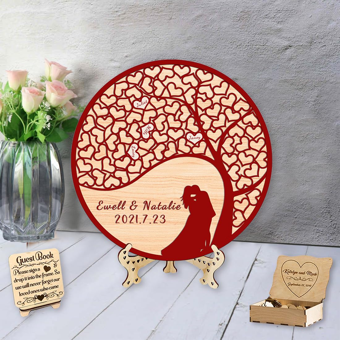 Personalised Tree Wedding Guest Book Alternative Custom Name Date Wedding Sign in Book Alternative Keepsake Rustic Wedding Decor for Birthday Party Wedding (Style 2)