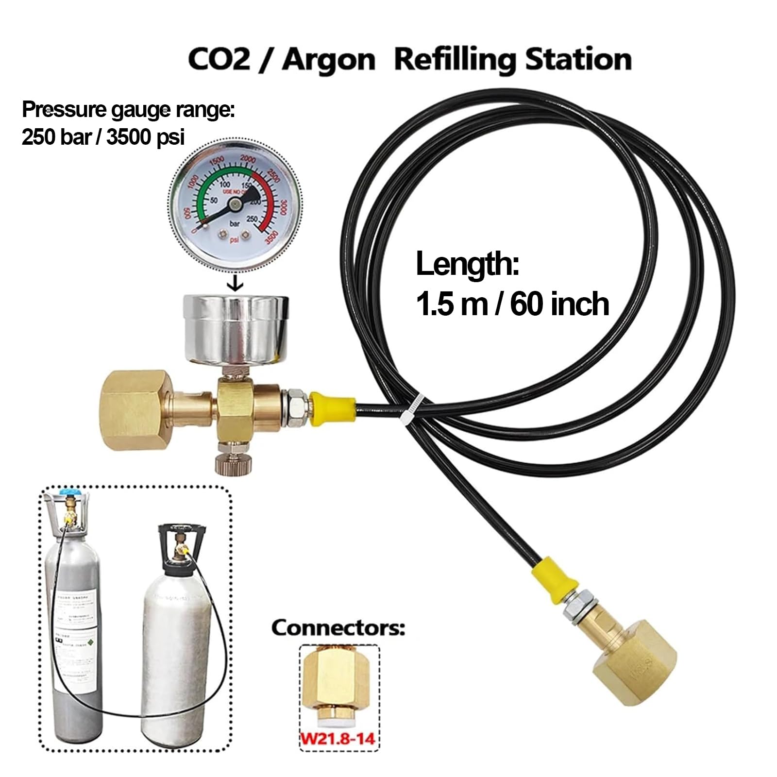 Manguera de CO2 1.5m W21.8-14 DIN477, Adaptador de Tanque de CO2 con Manómetro de 3500 PSI y Válvula de Alivio de Presión para Estaciones de Llenado de CO2 y Suministro de Argón y Nitrógeno