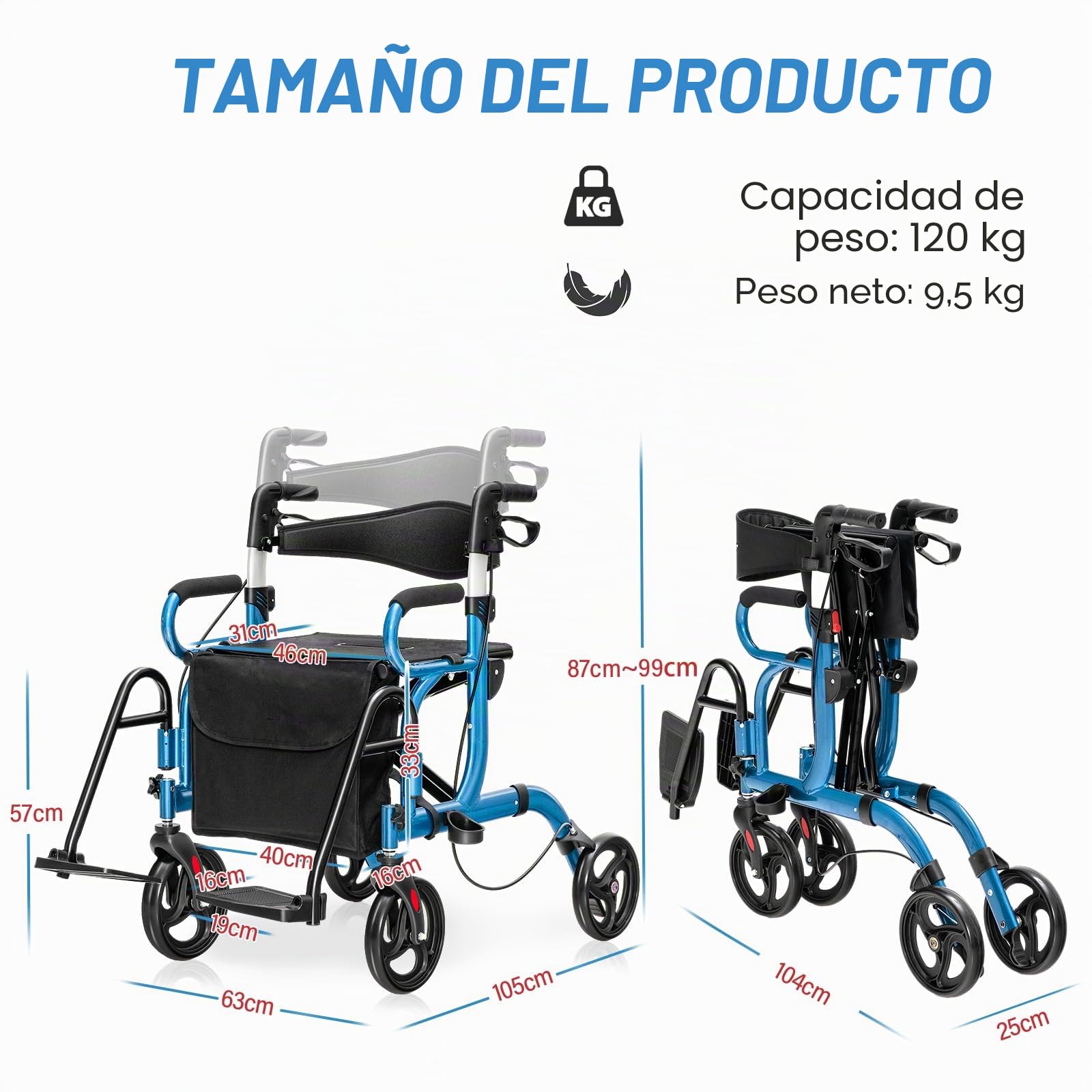 HOMASIS 2 en 1 Andador con Ruedas PVC para Ancianos, Andador Plegable con Asiento y Mangos de 6 Alturas Ajustables, Silla de Transporte, Marco de Aluminio, Hasta 160 kg (Azul)