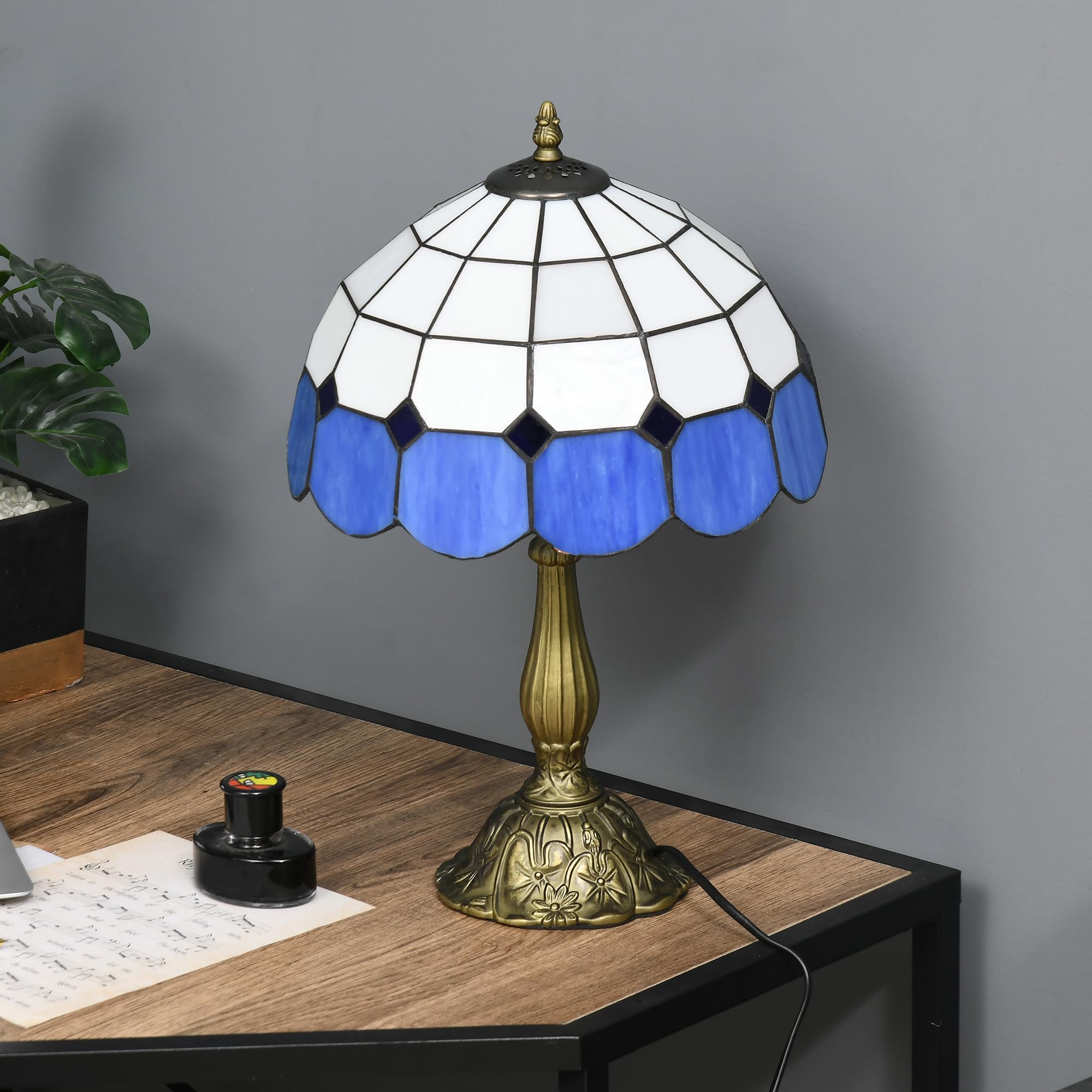 HOMCOM Lámpara de Mesita de Noche Estilo Tiffany Lámpara de Mesa Hecha a Mano Lámpara de Noche de Vidrio para Dormitorio Salón Ø31x48 cm Azul