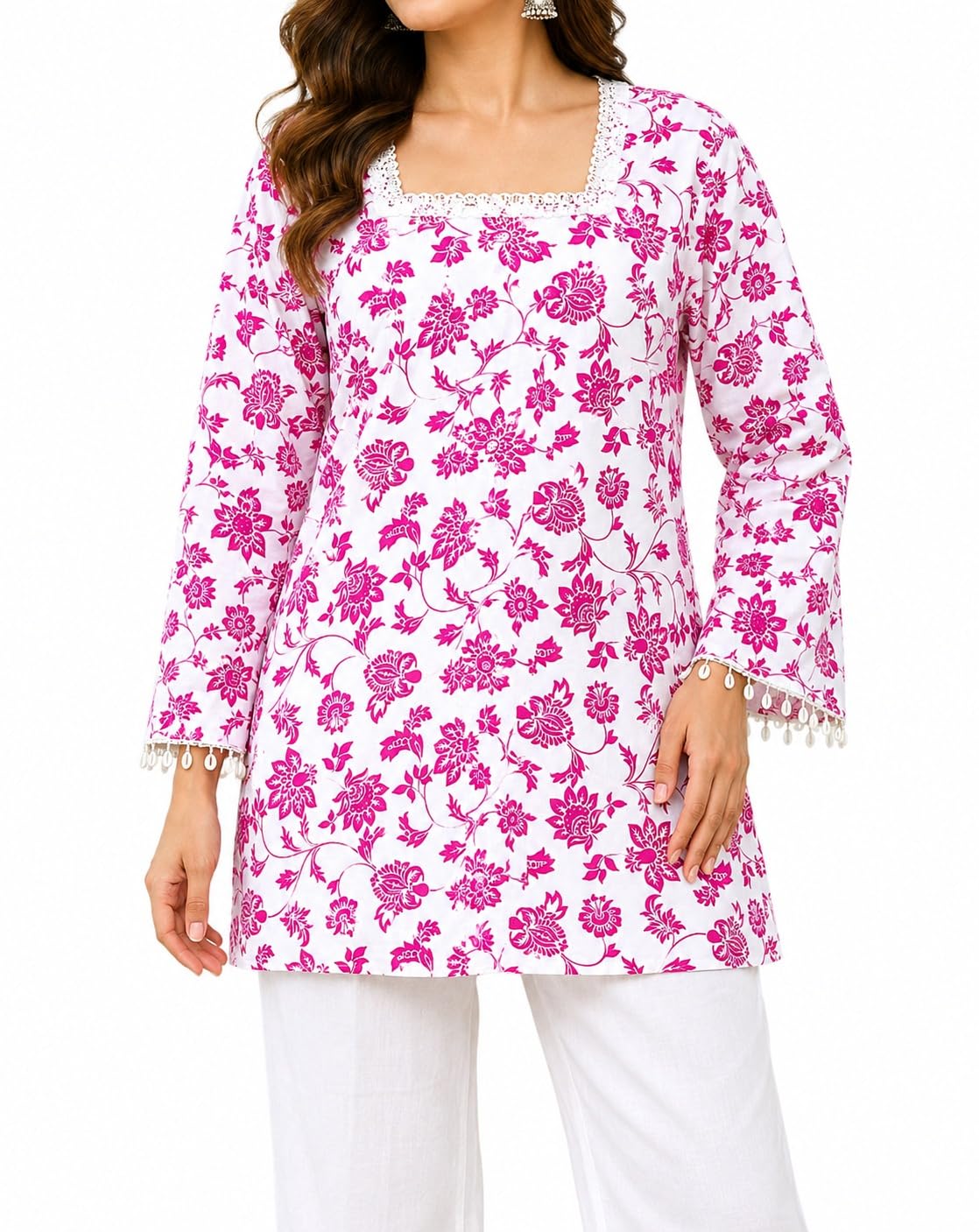 Women's Cotton Printed Kurti with Lace Square Neck | Long Bell Sleeves | Straight Casual Ethnic Tunic Top | Floral Print Kurta, Office, Festive & Summer-picture-26