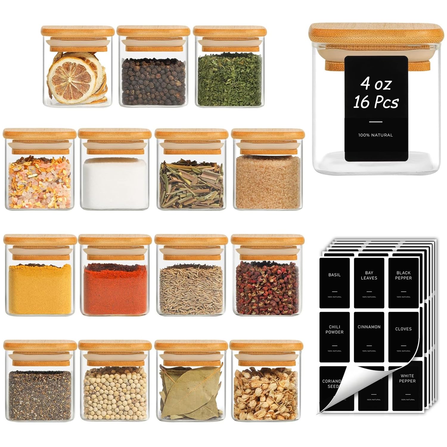 ComSaf 16Pcs Spice Jars with Labes, Glass Jar with Bamboo Lid, 4oz Airtight Square Spice Containers with Black Lables, Empty Seasoning Jars for Spice,