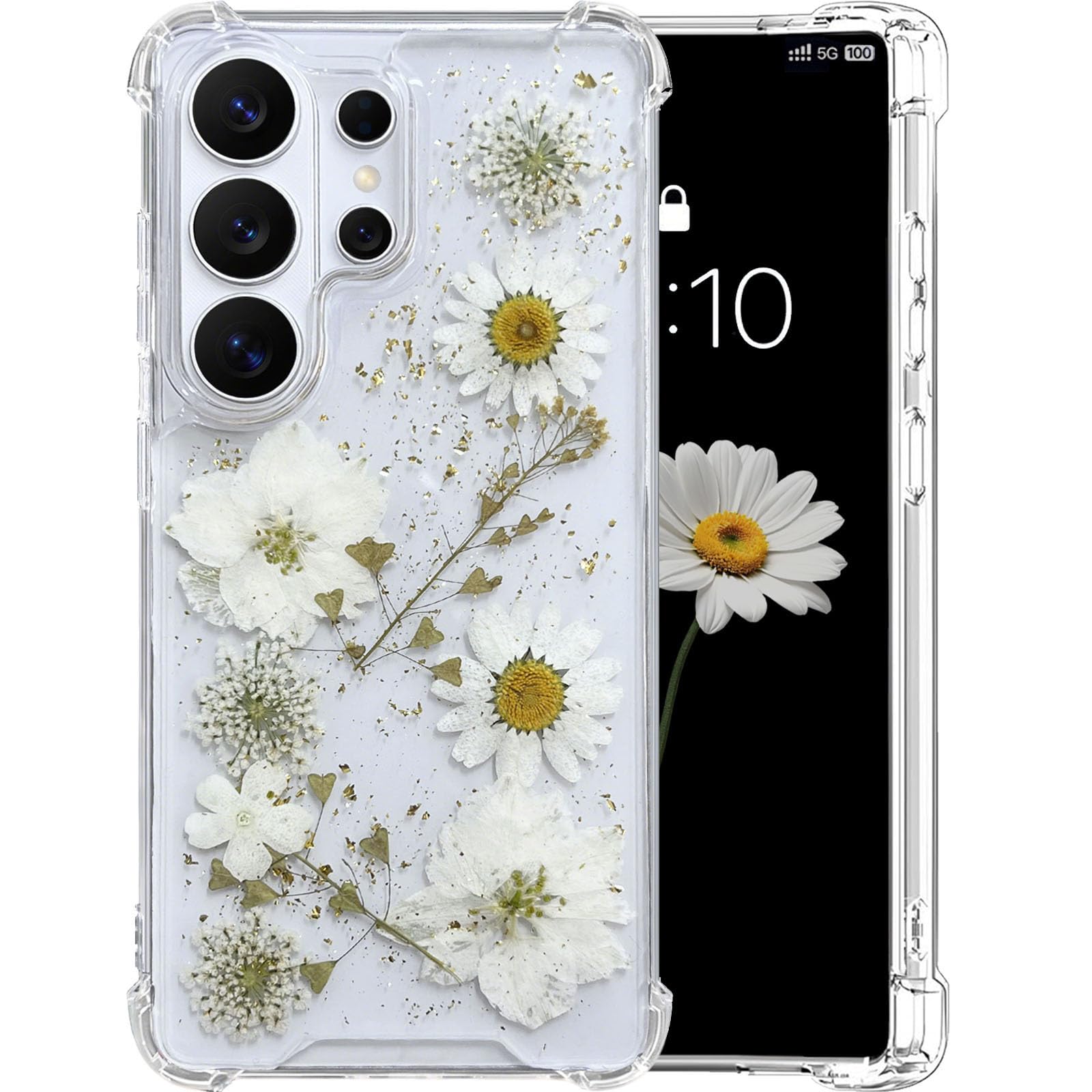 Photo 1 of [Real Dried Flower]for Samsung Galaxy S26 Ultra Case Clear Glitter Dried Pressed Flower Case for Galaxy S26 Ultra Cute Soft Silicone TPU Bling Sparkle Women Girls Floral Cover(Daisy & Hibiscus)