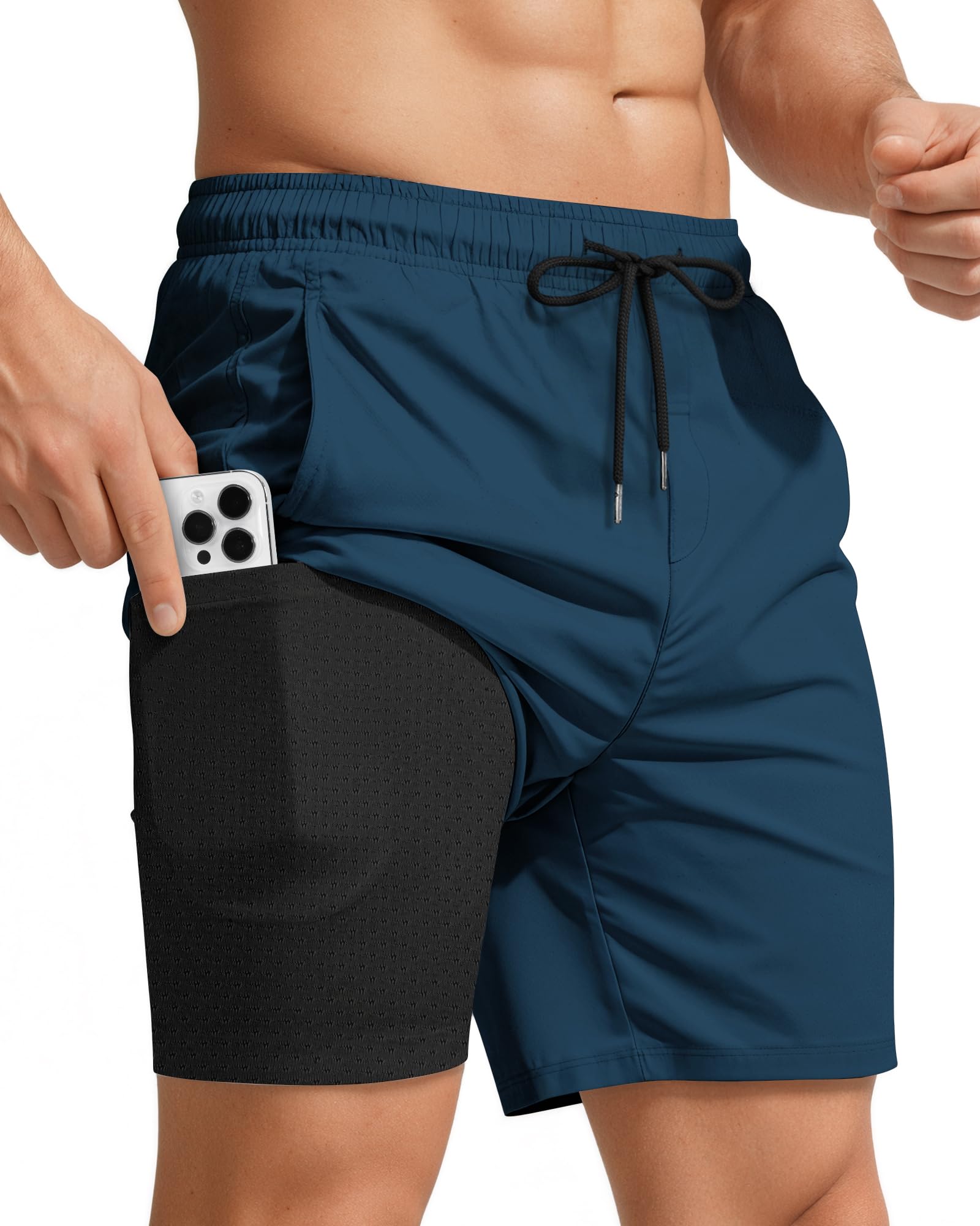 Men Swim Trunks with Compression 7 Inches Breathable Liner Quick Dry Zipper Pockets for Board Beach Gym Running-image-43