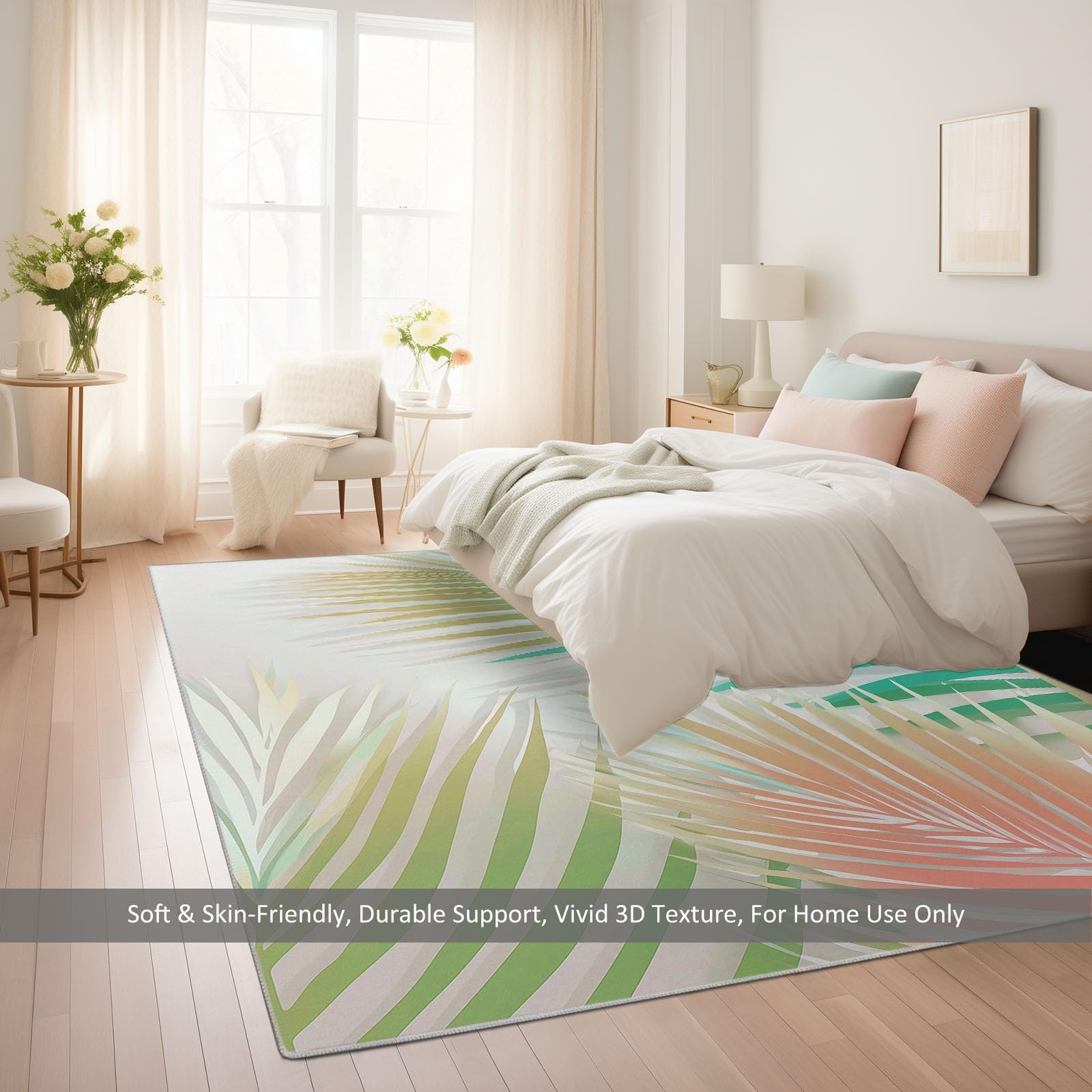 Tapis Salon Feuilles De Palmier Roses Et Vertes 160x230cm Tapis Poil Ras Moderne Doux et Antidérapant, pour Salon Chambre Bureau & Durable & Lavable en Machine
