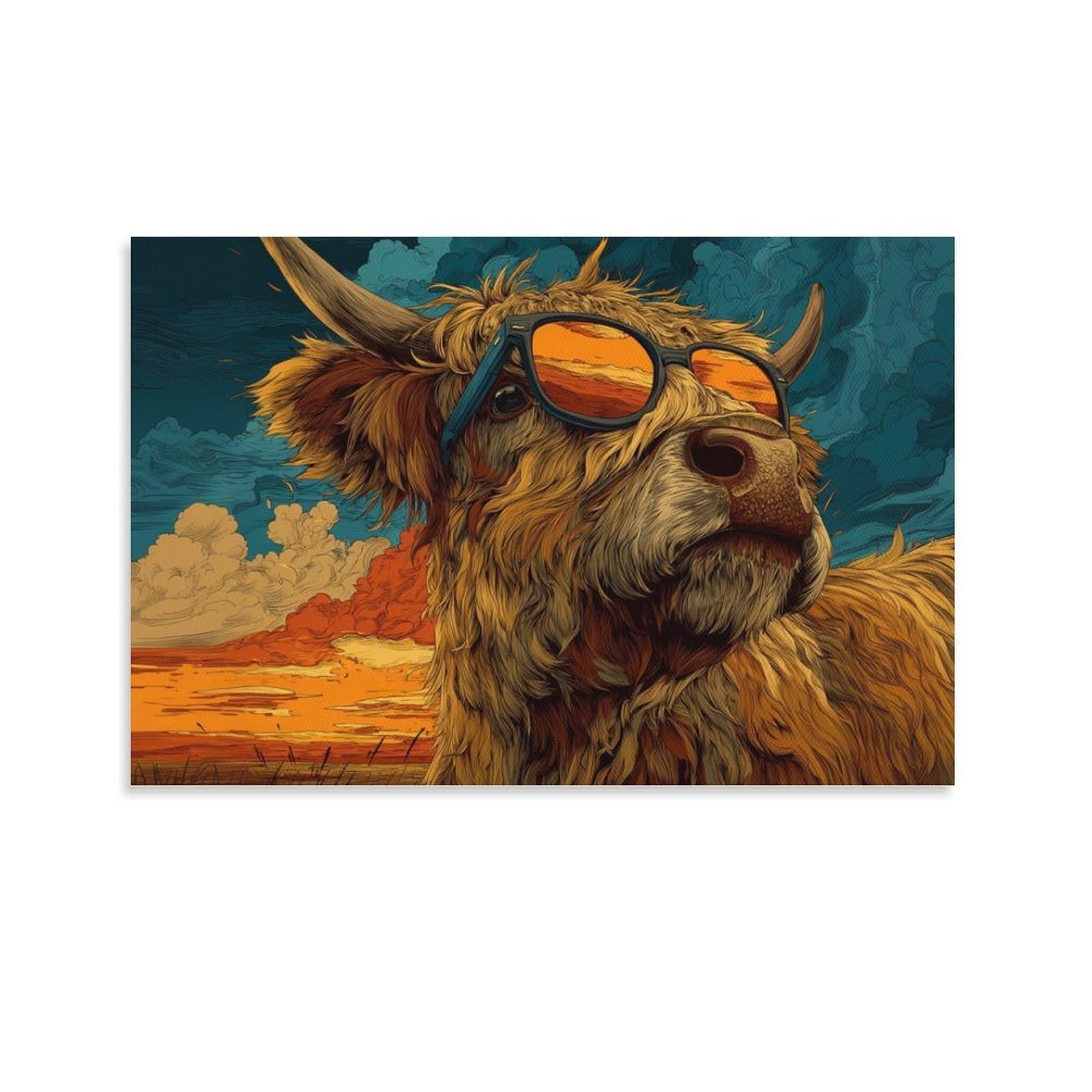 CPLVKWRQJ Cattle 1 Piece Highland Cow with Sunglasses Canvas Art - Birthday Gift Bedroom Canvas Painting Easy to Clean Wall Decor 20x30inch(50x75cm)