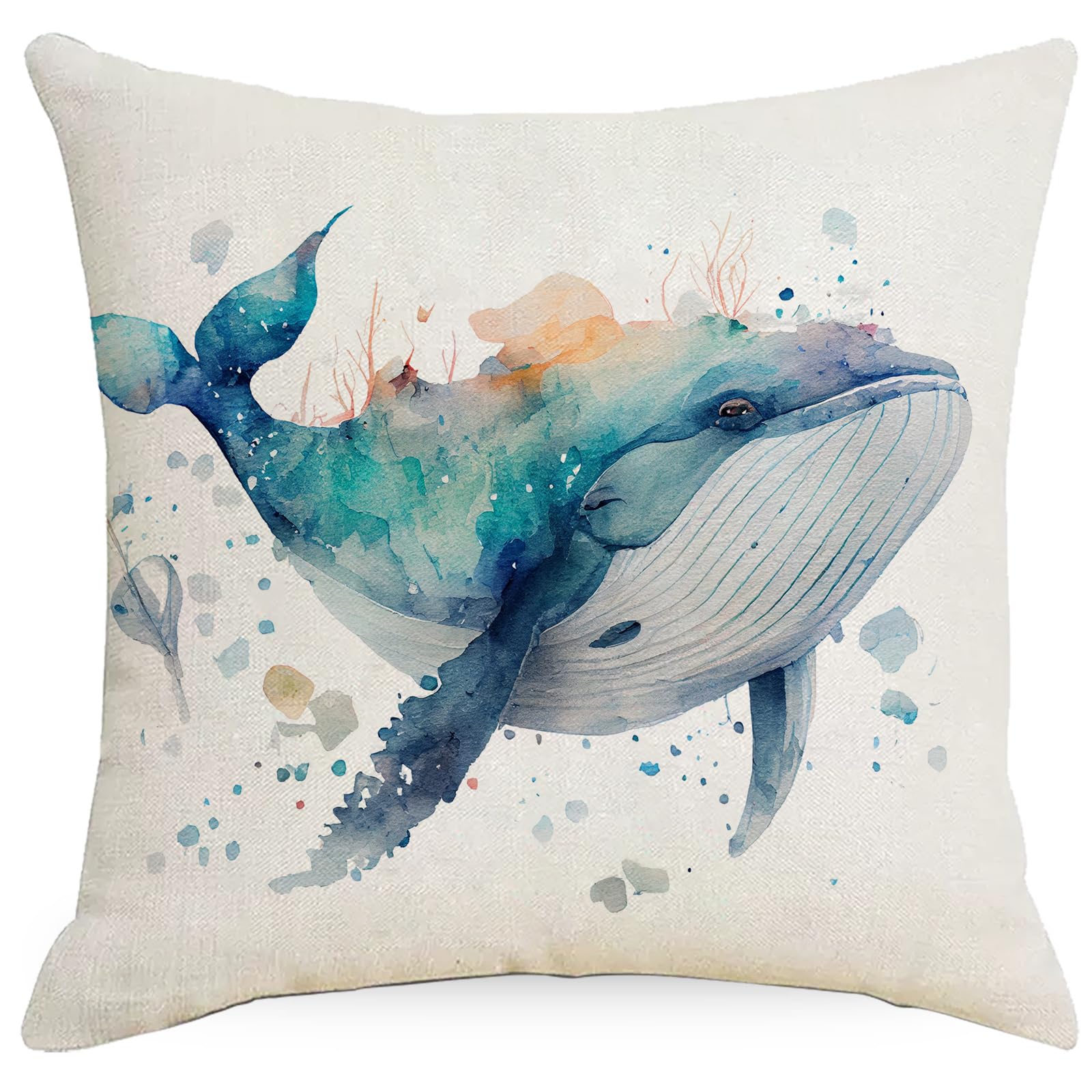Cushion Covers 50cm x 50cm Blue Whale Decorative Pillows with Invisible Zipper Garden Cushions Square Linen Scatter Cushions Comfortable Breathable Pillow Cover