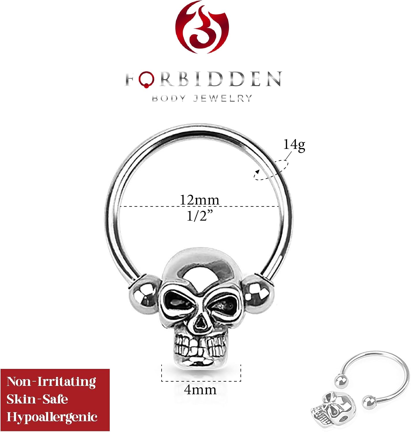 Forbidden Body Jewelry Surgical Steel Skull Captive Bead Ring Hoops, Skull Septum Ring, Nipple Ring, CBR 14G-16G (Sold as Set or Single)