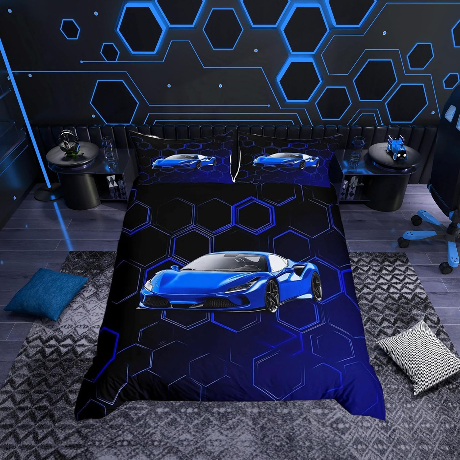 Housse de couette voiture de course bleu parure de lit hexagonale ado