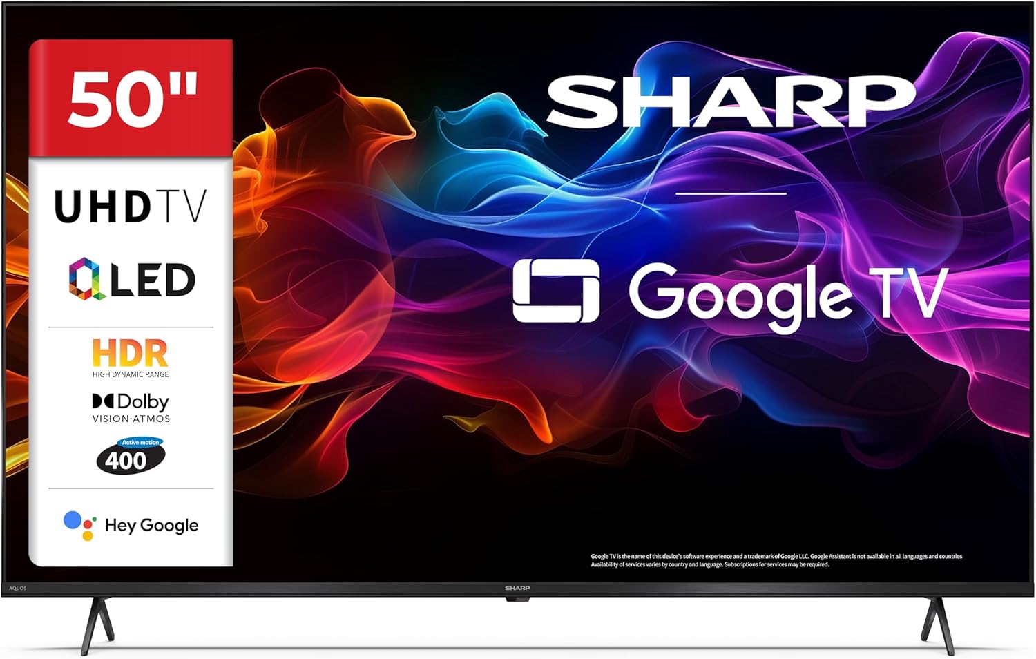 Sharp 50HP5365E - GOOGLE TV, 50" UHD, FRAMELESS, 60Hz, QLED, HDR10, Dolby Vision HDR, Google Assistant con microfono, Chromecast, Bluetooth, DOLBY Atmos 2x12W, HDMI 2.1 x4, USBx2, Colore nero