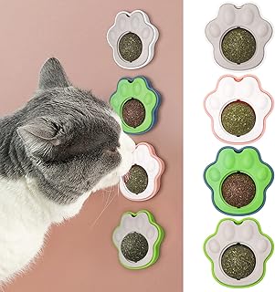 HEQUSigns 4 Pack Catnip Balls, Self-Adhesive Catnip Edible Ball, Natural Catnip Toys Rotatable Edible Balls, Hairball Removal Dental Cleaning Catnip Wall Treats