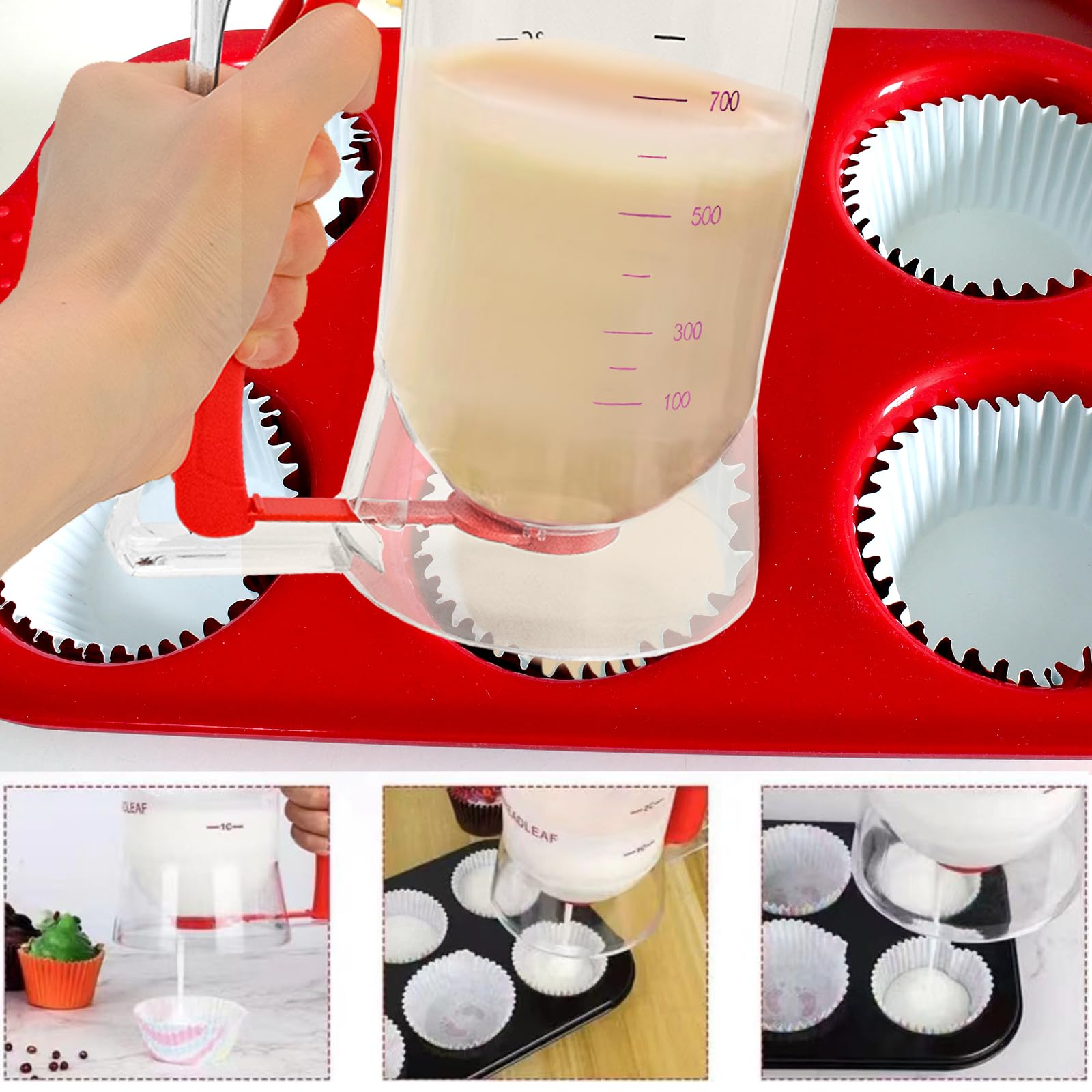 Dozownik do ciasta z pokrywką i skalą – 900 ml dozownik ciasta, dozownik ciasta, kubek z miarką do muffinek, naleśników, gofrów i babeczek, narzędzie do pieczenia DIY