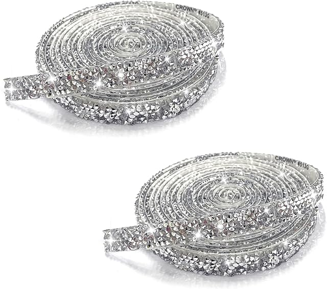 2 Rolls of 3 Yards Resin Rhinestone Ribbon, Silver Rhinestone Self-Adhesive Diamond Crystal Ribbon for DIY Wedding Dress Belt Skirt Cake Vase Holiday Party Phone Case Decoration.