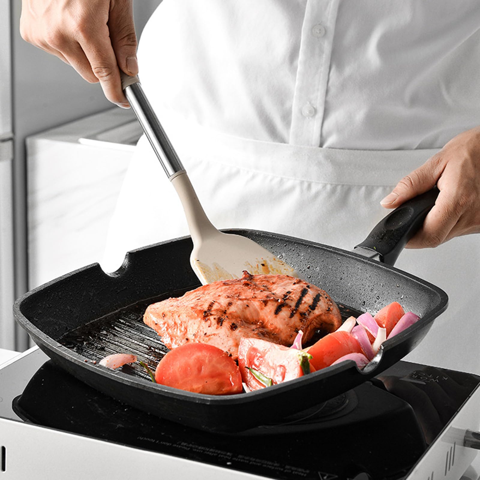 Küchenhelfer Set, Silikon Küchenutensilien Kochutensilien Set, Antihaft Hitzebeständiger Kochbesteck Set Mit Edelstahlgriff, Gesund & Langlebig, Spülmaschinengeeignet, 11 Stück,Khaki