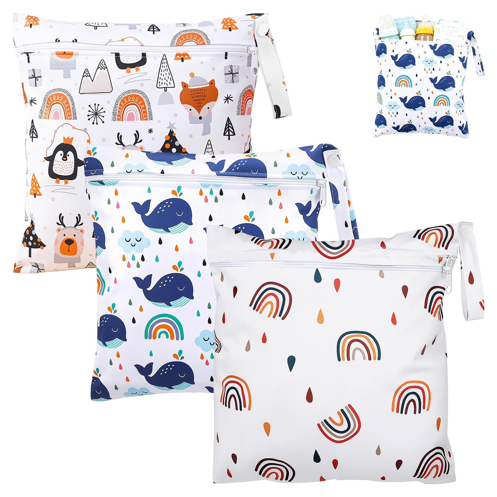3 Piezas Bolsa Impermeable Bebe, Bolsa Reutilizable para Pañales de Tela, Bebé Reutilizable Impermeabilizan Bolsa con Cremallera para Nadar Fitness Acampar - 30x28,5 cm (Ballena,Arcoíris,Pingüino)