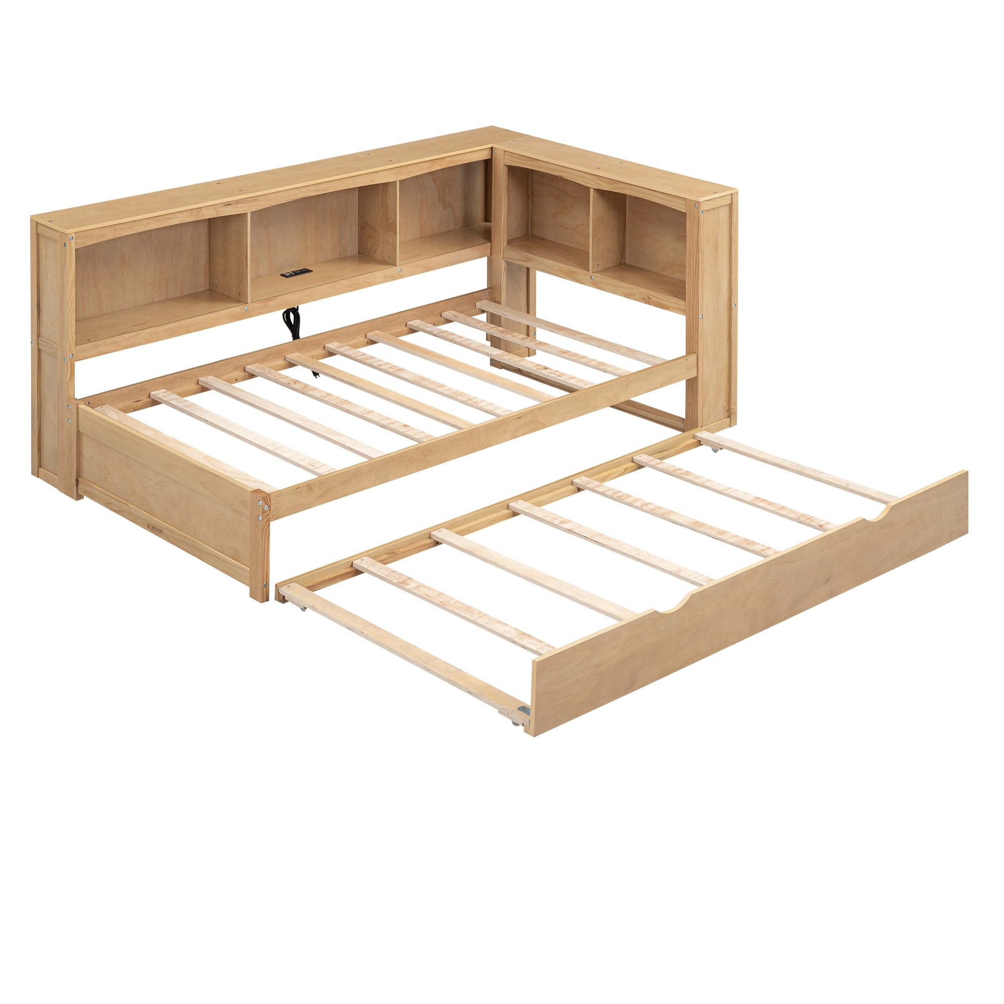 HomSof Size Daybed with Trundle,L-Shaped Bookcases,Storage Cabinets and USB Ports, Twin-L, Wood