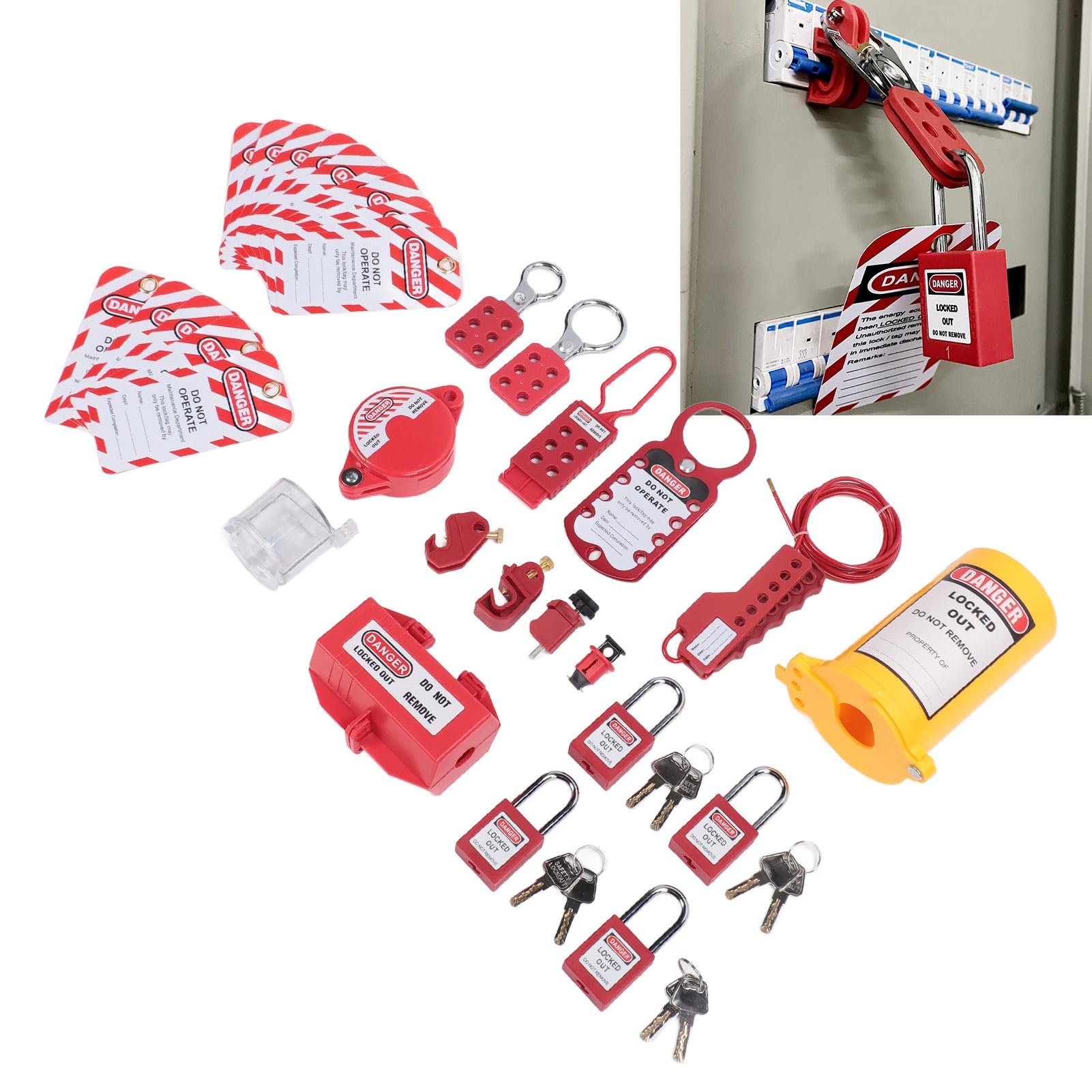 Leapiture Lockout Tagout Kit Circuit Breaker Locks Hanging Buckles and Keys Set for Industrial Electrical Security System Red