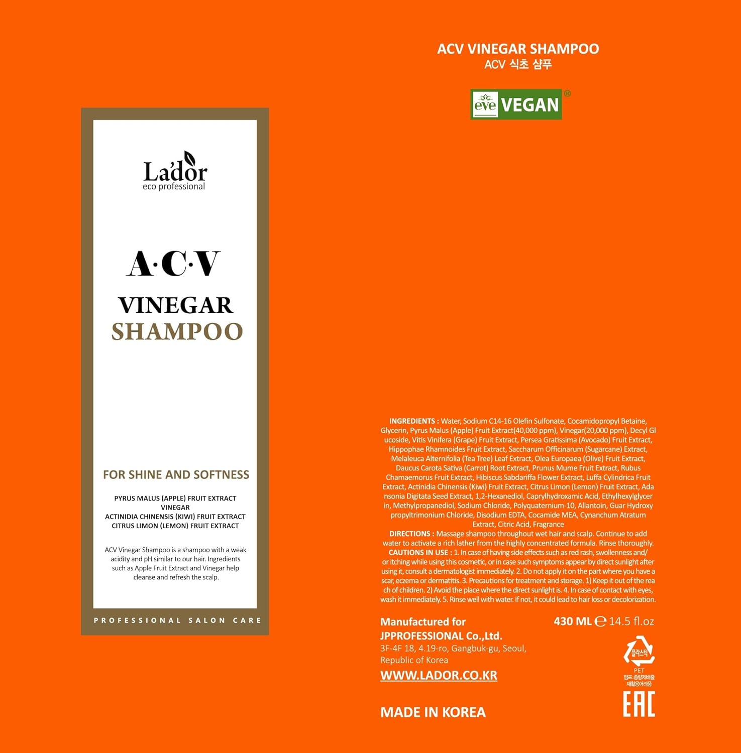 LA'DOR LADOR Apple Cider Vinegar Clarifying Shampoo w/Tea Tree Sub-Acidic pH-balanced - Glossy Shine Refreshing for Greasy Dandruff Oily Scalp Hair Free of Silicone Paraben Sulfate 14.5 Fl Oz Korean - Image 8