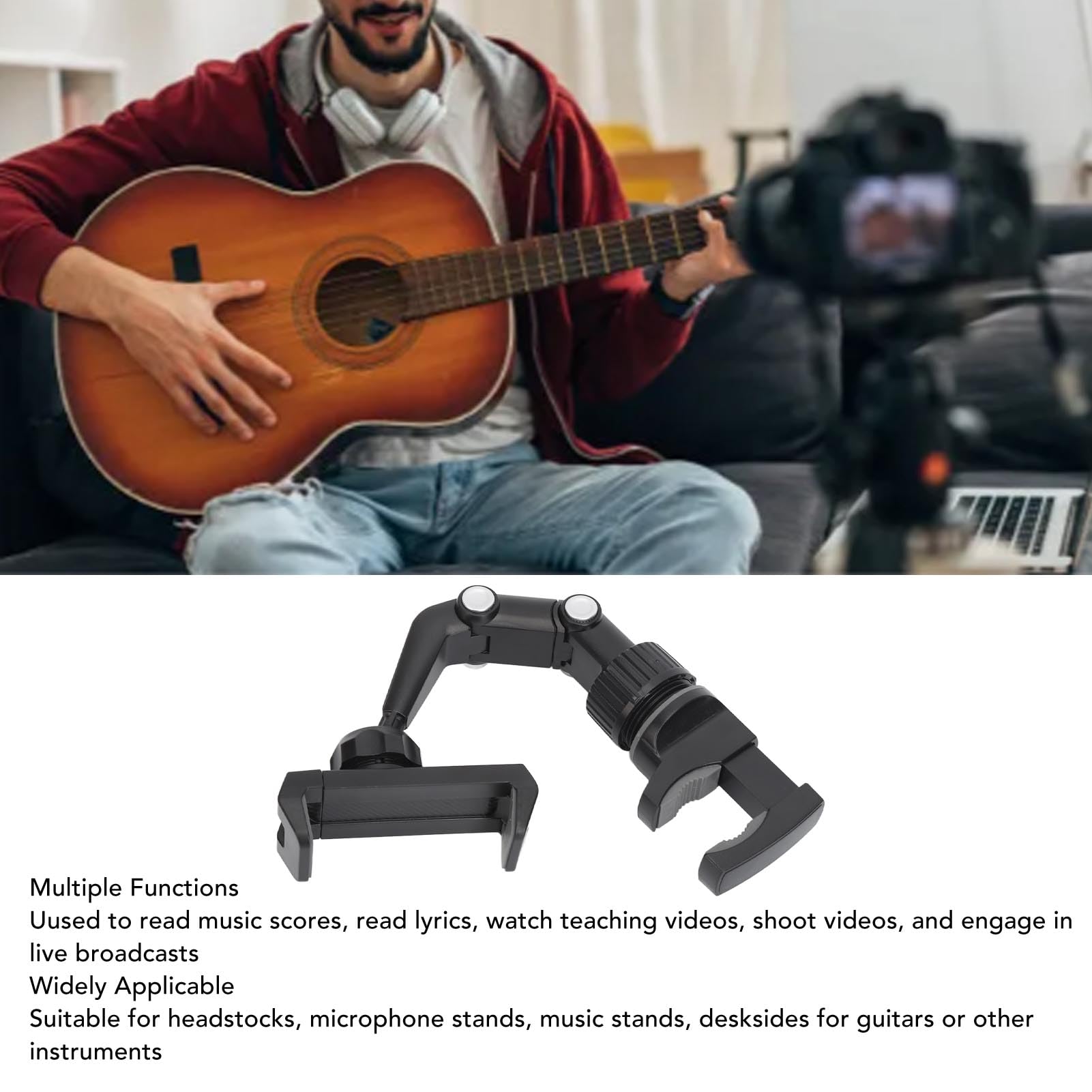 QANYEGN Guitar Phone Mount, Guitar Mobile Phone Holder Mount, Adjust headsstock Cell Phone Clamp for Teaching Video Recording