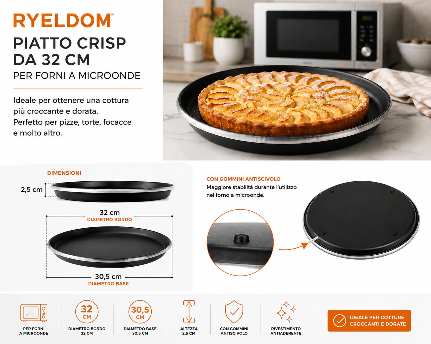 RYELDOM Piatto Crisp da 32 cm per Forni a Microonde, Piatto Doratore con Gommini Antiscivolo, Diametro Base 30,5 cm, Altezza 2,5 cm
