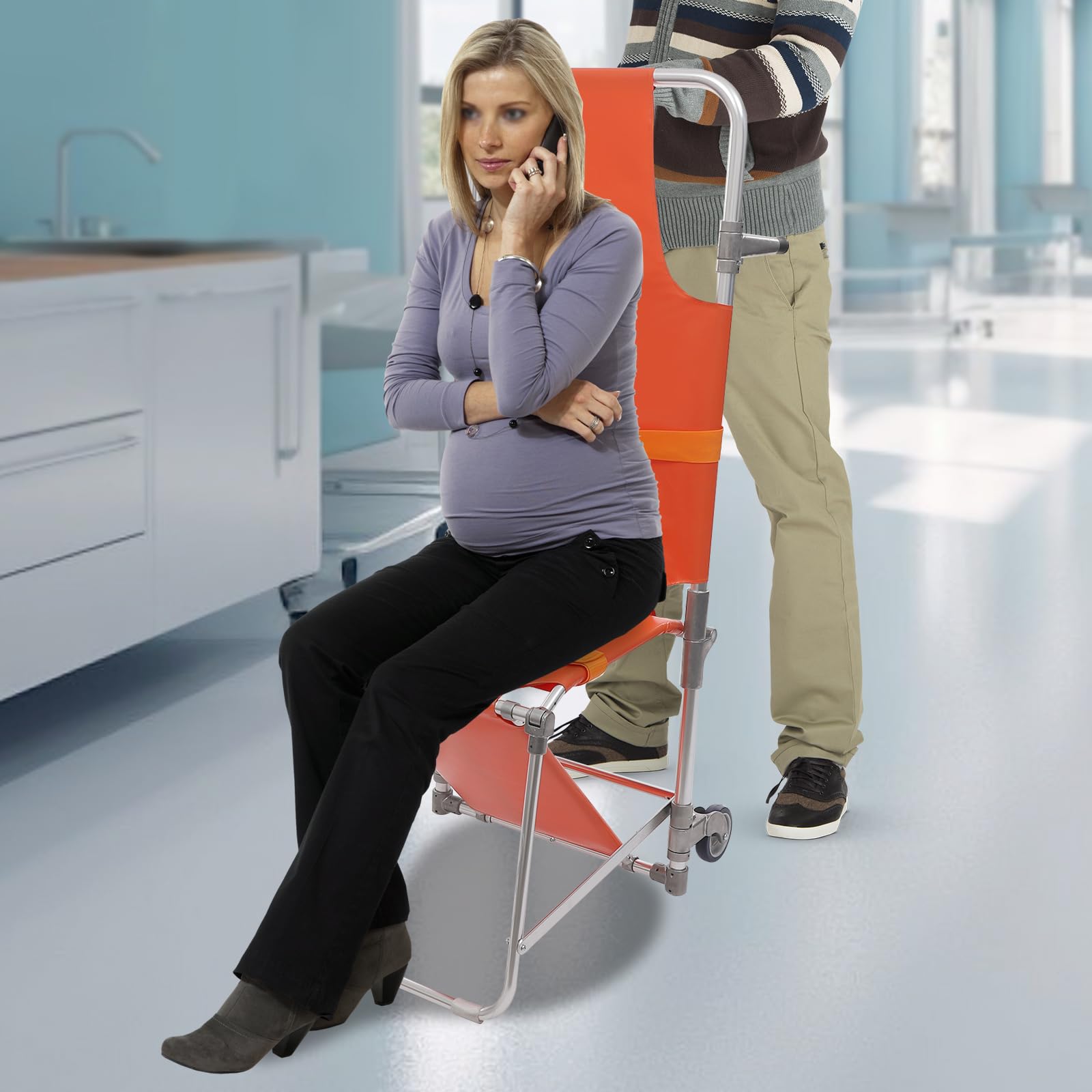 Camilla plegable para escaleras de hasta 160 kg, portapacientes de aluminio, 8 kg, plegable, con cinturones de seguridad y 2 ruedas, transportador de primeros auxilios profesional