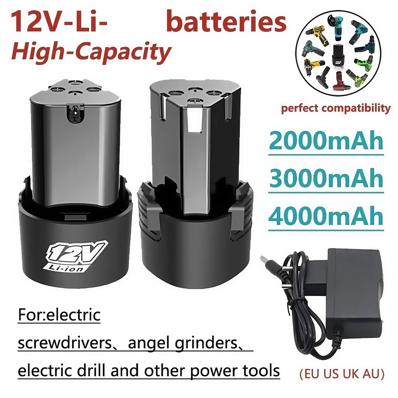 Akumulator litowo-jonowy 4000mAh typu B 12 V i ładowarka. Kompatybilny z wkrętarką elektryczną, wiertarką elektryczną, szlifierką kątową, elektronarzędziami(2pcs-4.0Ah-charger)